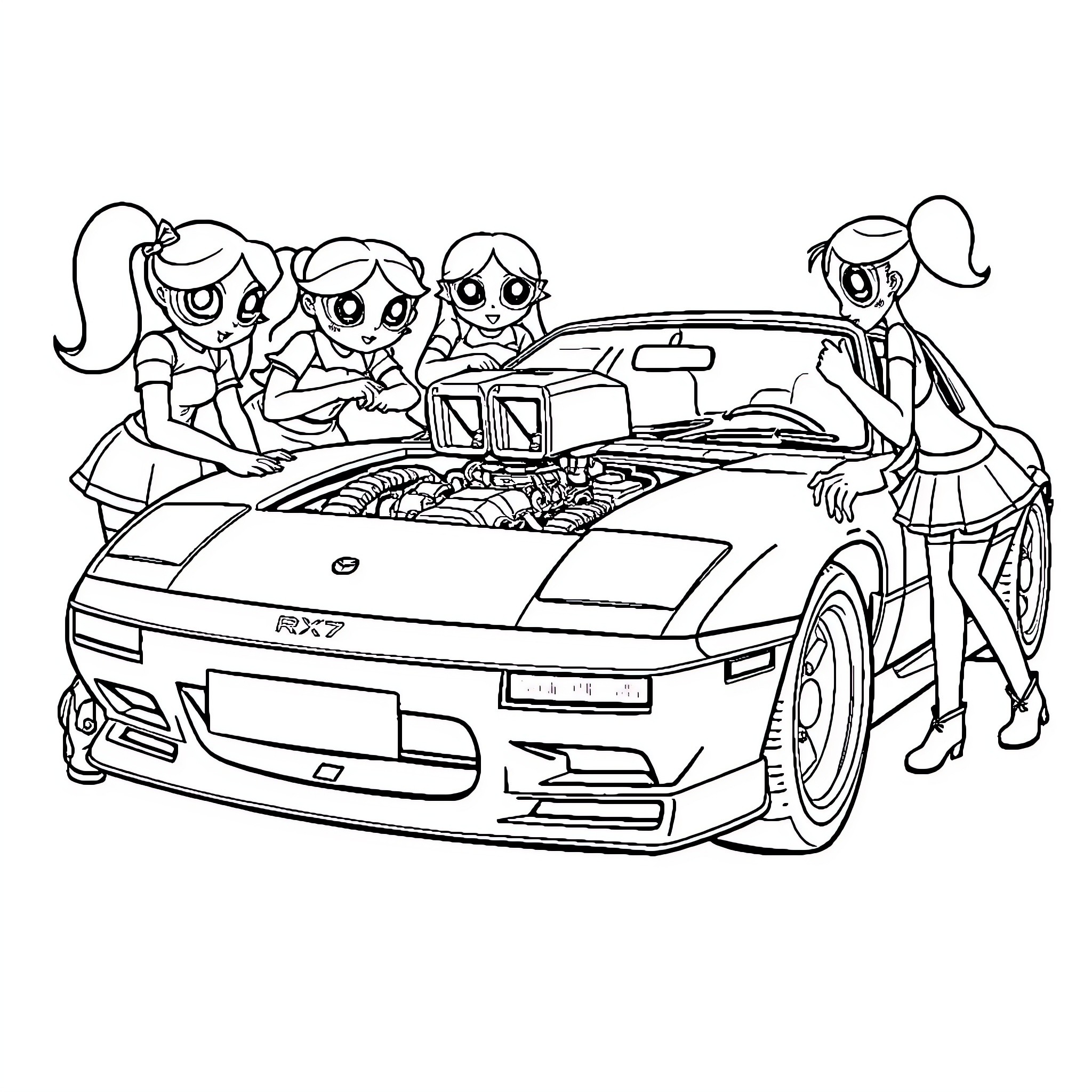 Power Puff Girls' Automotive Adventure Coloring Page (free black-and-white line drawing printable PDF for all, from beginners to advanced learners, including children, teens, adults, and seniors)