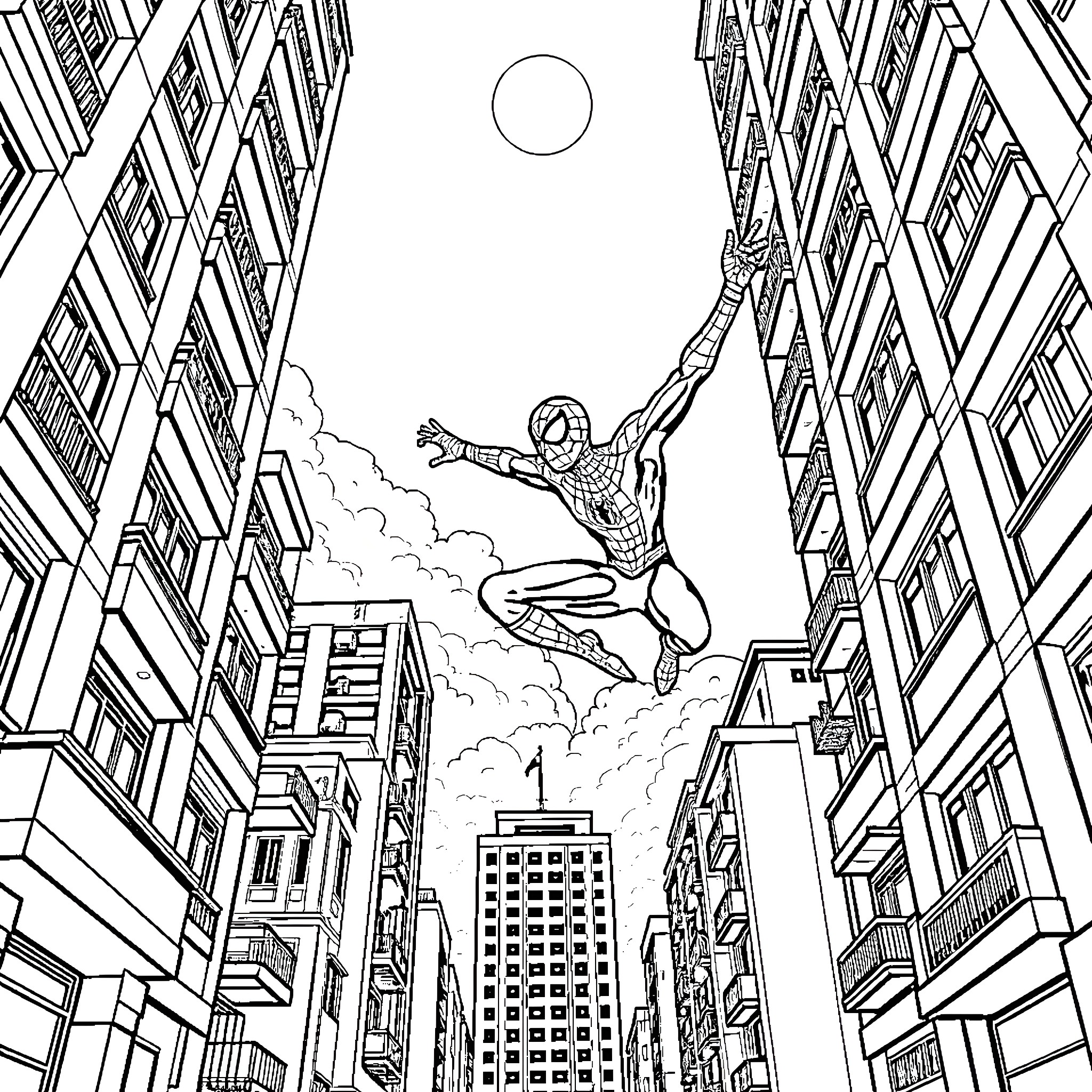 Spiderman swinging through the city skyline Coloring Page (free black-and-white line drawing printable PDF for all, from beginners to advanced learners, including children, teens, adults, and seniors)