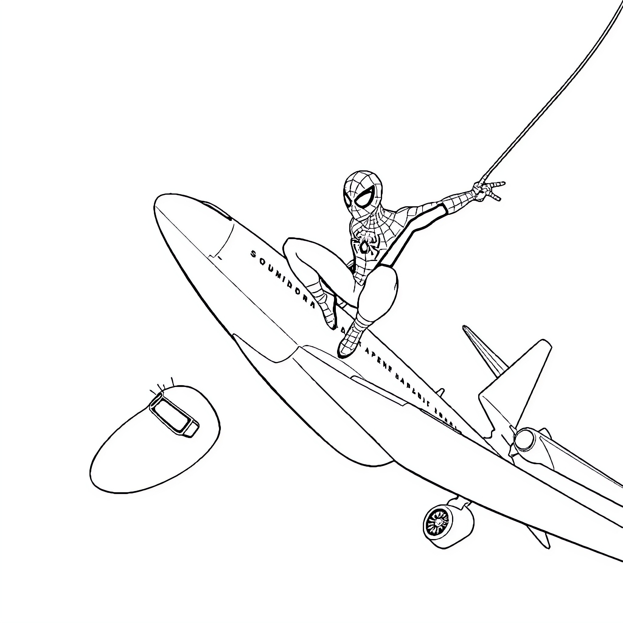 Spiderman swinging on a webline near an airplane Coloring Page (free black-and-white line drawing printable PDF for all, from beginners to advanced learners, including children, teens, adults, and seniors)