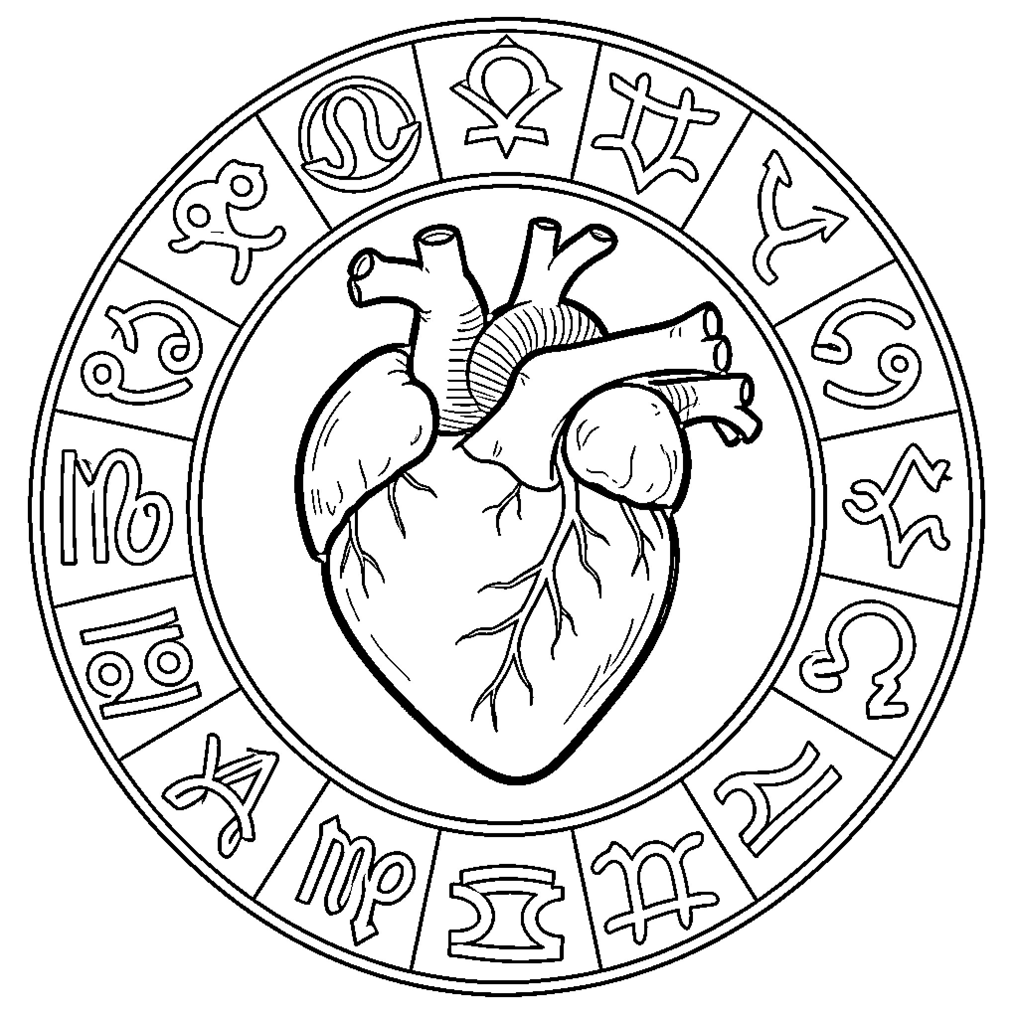 Heart surrounded by astrological zodiac symbols Coloring Page (free black-and-white line drawing printable PDF for all, from beginners to advanced learners, including children, teens, adults, and seniors)