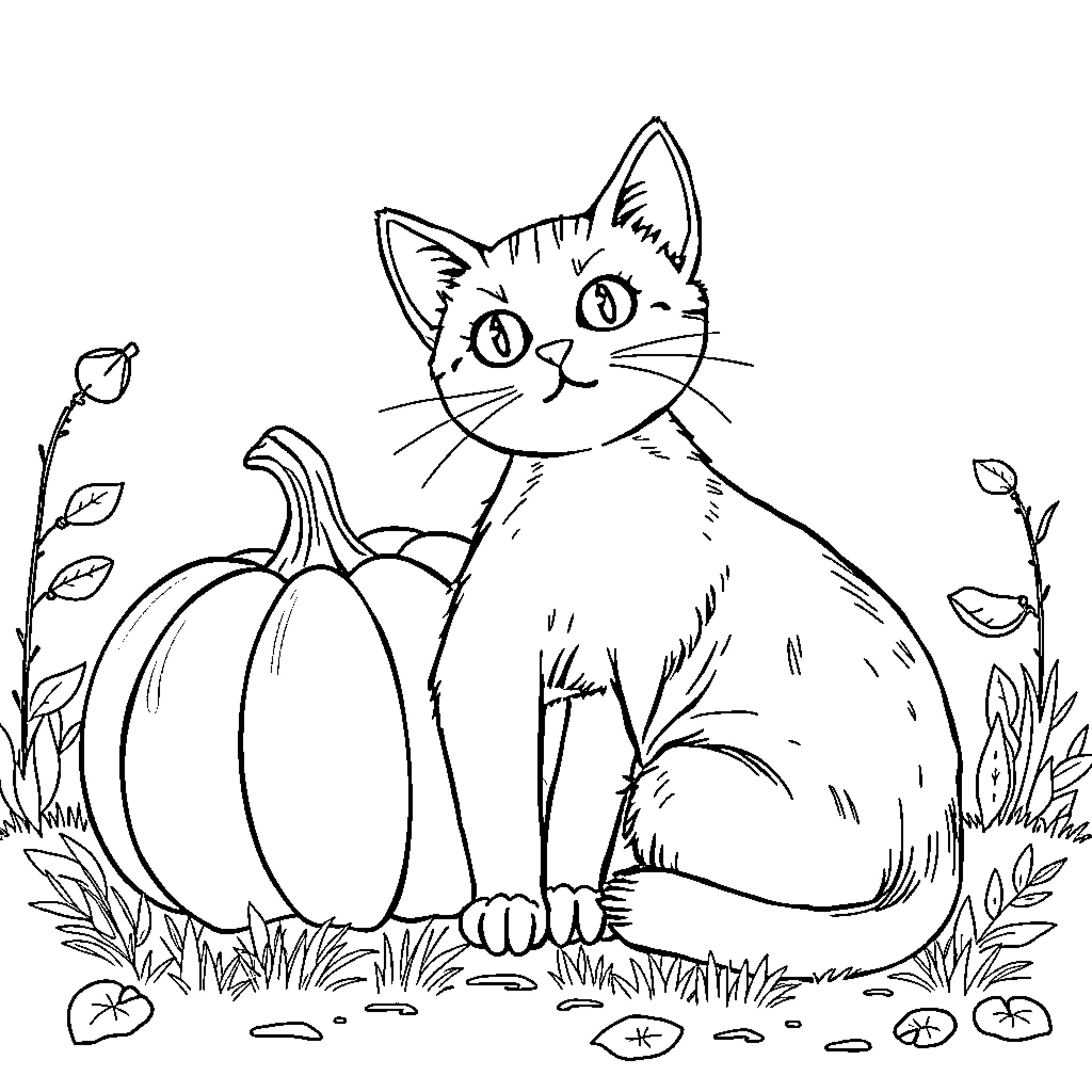Cat with pumpkin in an autumn scene Coloring Page (free black-and-white line drawing printable PDF for all, from beginners to advanced learners, including children, teens, adults, and seniors)
