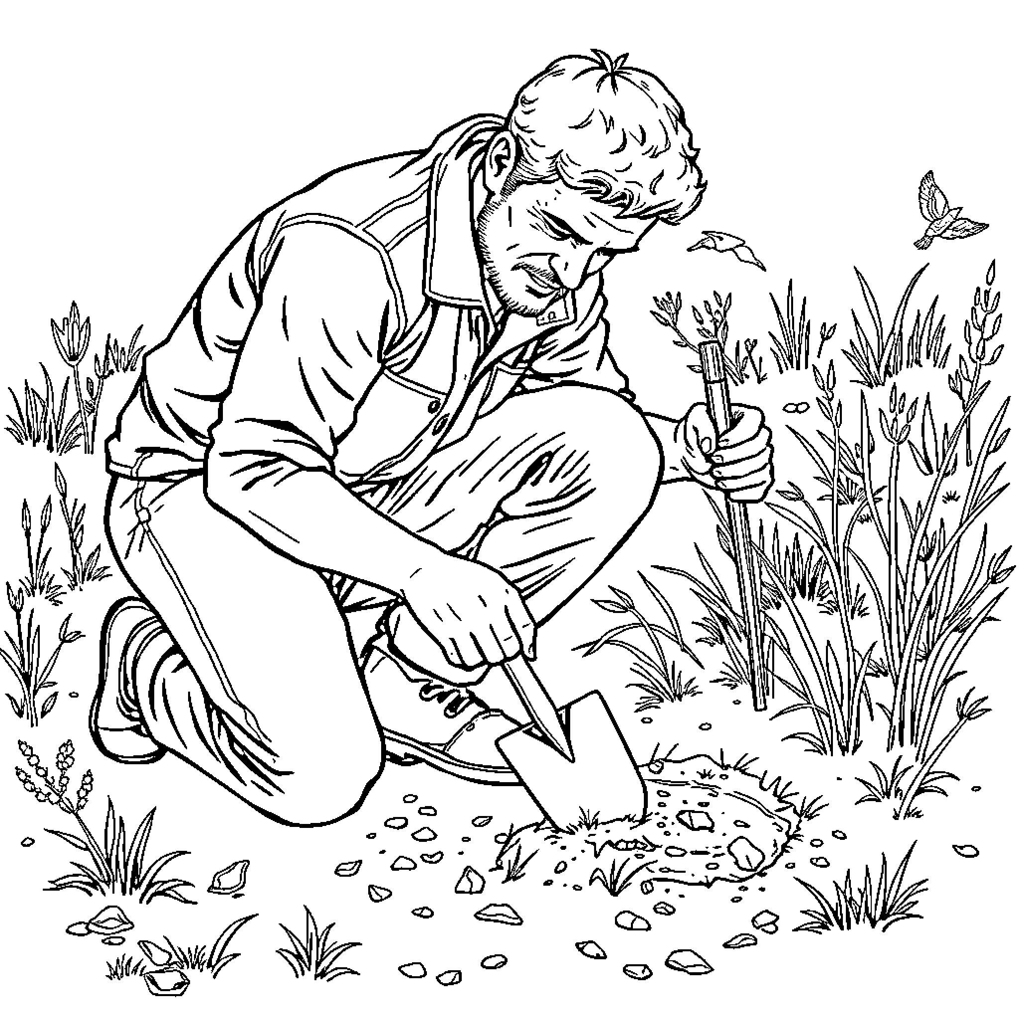 Man planting in natural garden setting Coloring Page (free black-and-white line drawing printable PDF for all, from beginners to advanced learners, including children, teens, adults, and seniors)