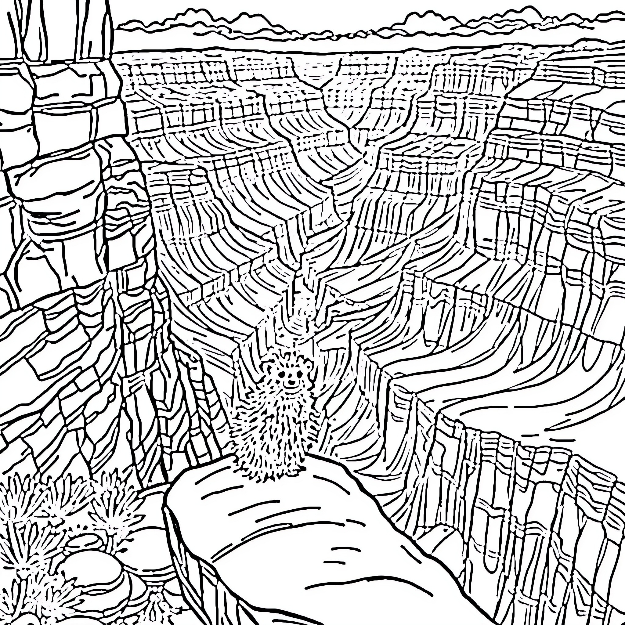 Hedgehog exploring the rocky terrain Coloring Page (free black-and-white line drawing printable PDF for all, from beginners to advanced learners, including children, teens, adults, and seniors)