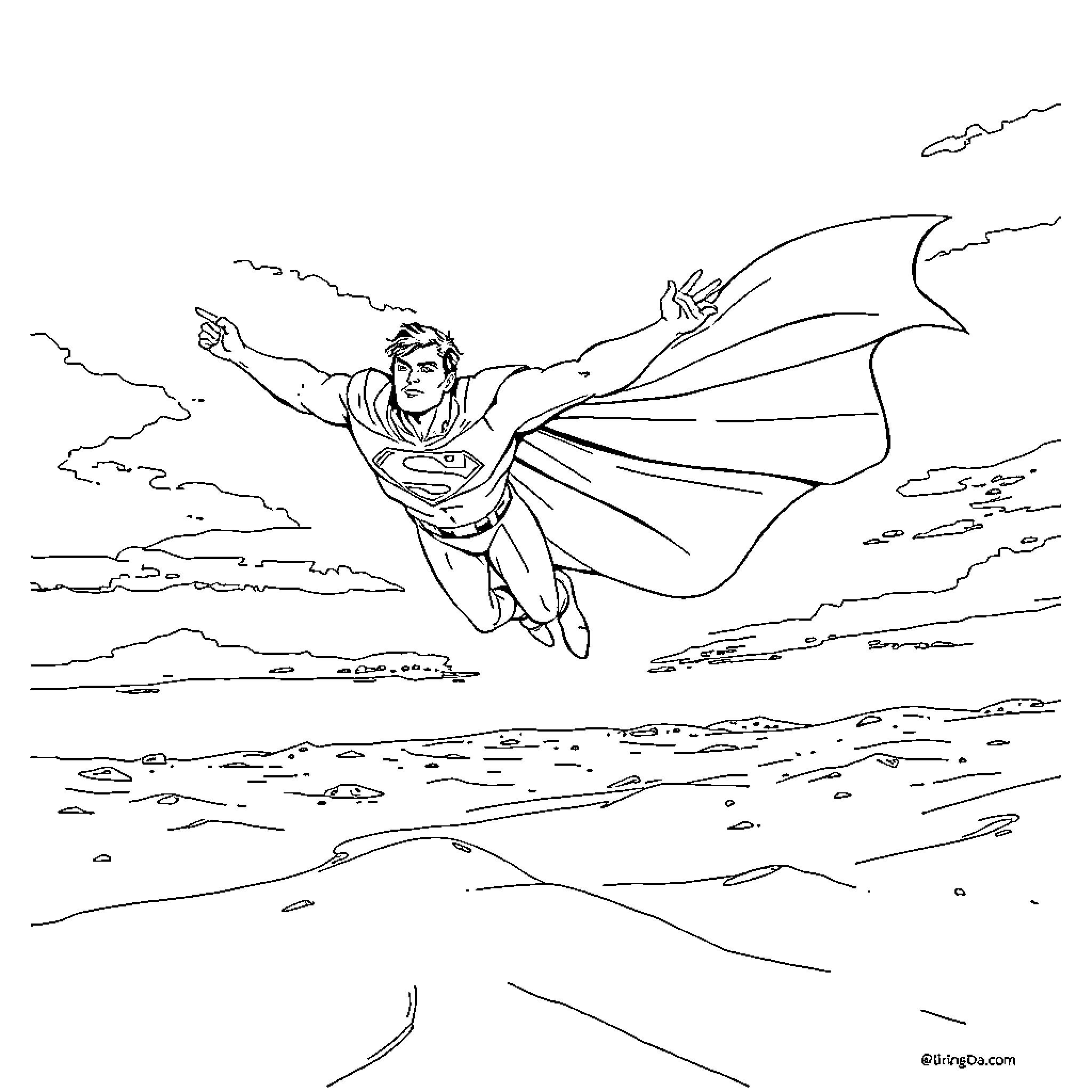 Superman soaring through the sky with outstretched arms Coloring Page (free black-and-white line drawing printable PDF for all, from beginners to advanced learners, including children, teens, adults, and seniors)