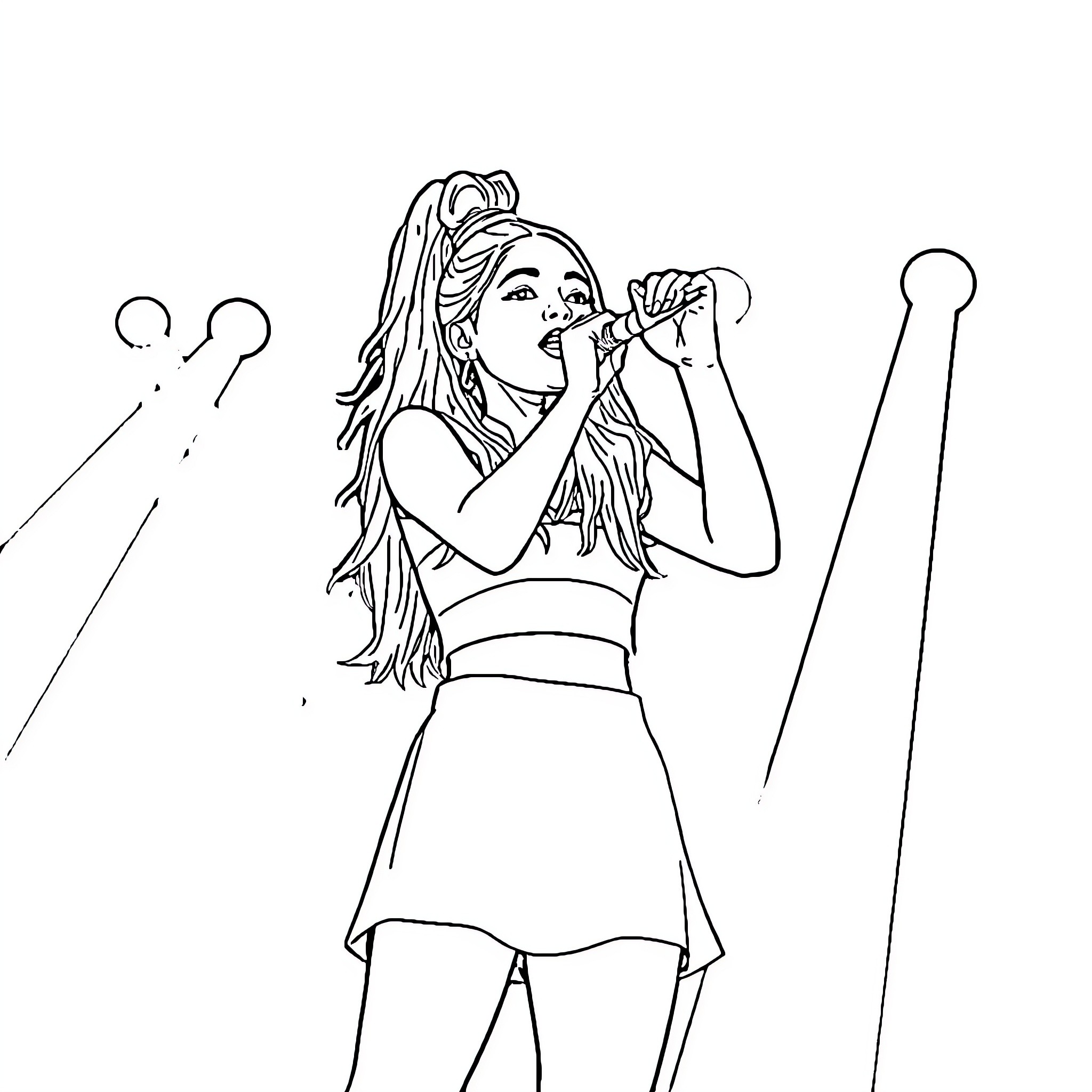 Ariana Grande performing on stage with microphone Coloring Page (free black-and-white line drawing printable PDF for all, from beginners to advanced learners, including children, teens, adults, and seniors)