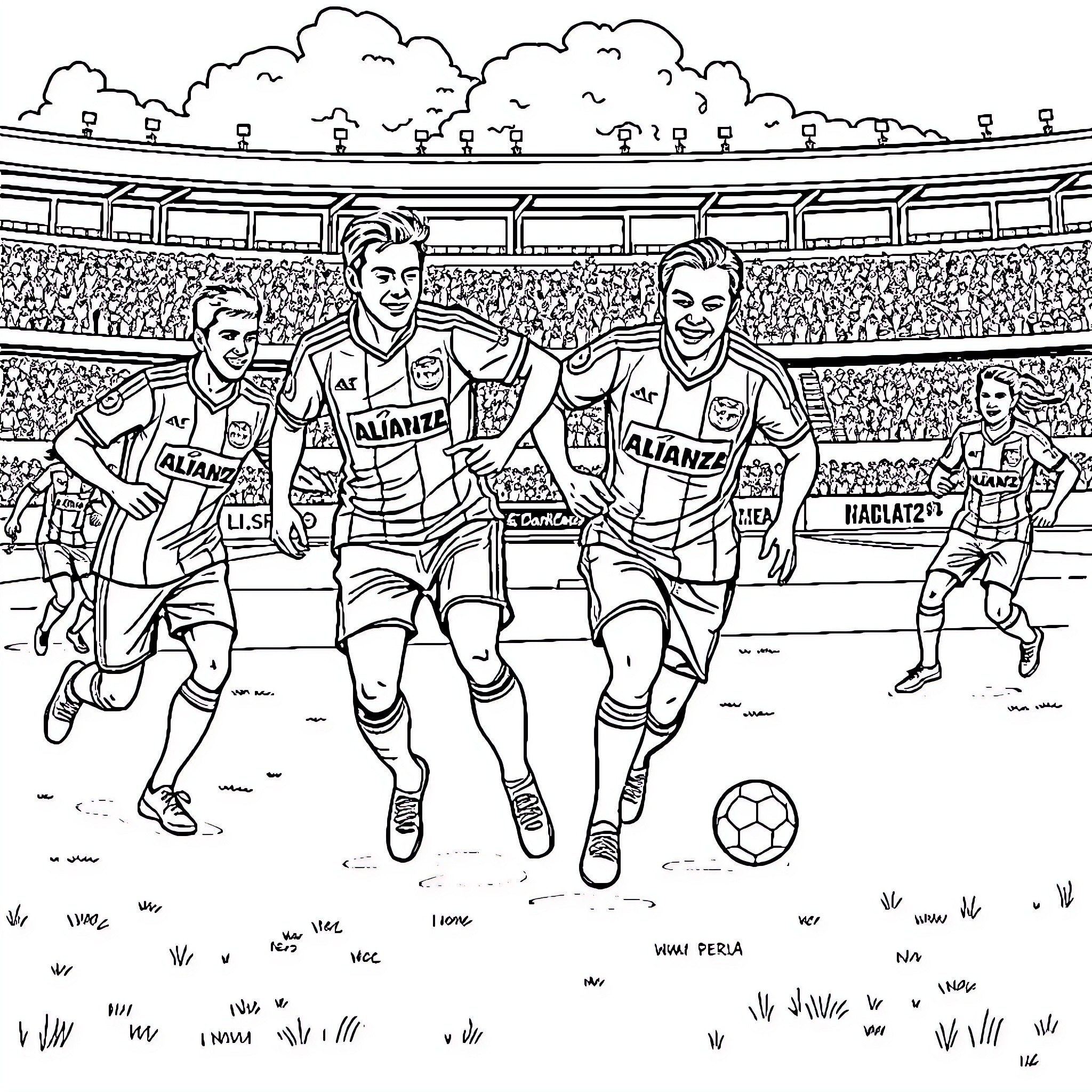 Alianza Lima players celebrating on the field Coloring Page (free black-and-white line drawing printable PDF for all, from beginners to advanced learners, including children, teens, adults, and seniors)