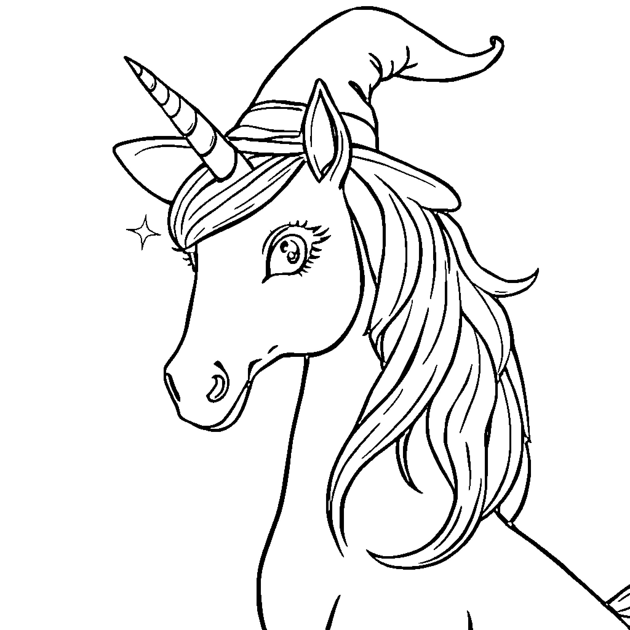 Unicorn with magical horn and flowing mane Coloring Page (free black-and-white line drawing printable PDF for all, from beginners to advanced learners, including children, teens, adults, and seniors)