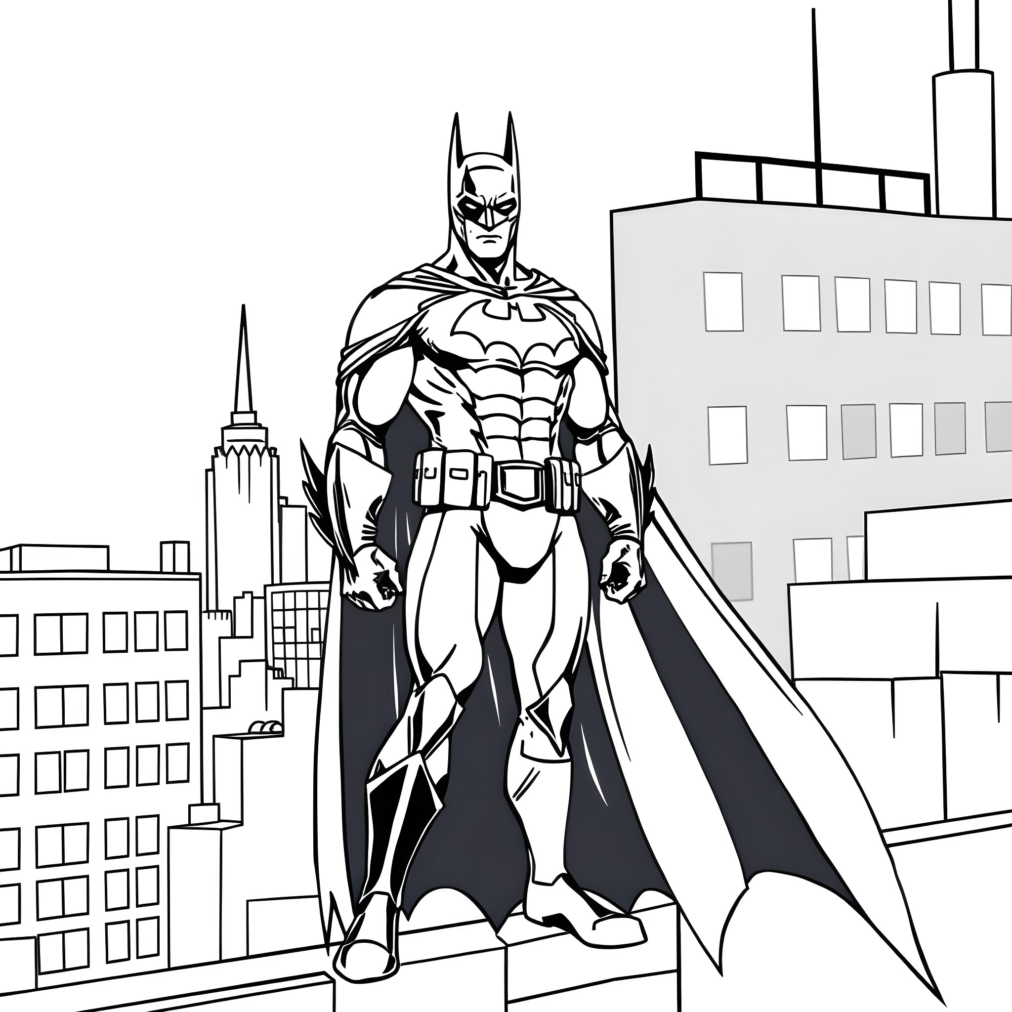 Batman standing tall in the city Coloring Page (free black-and-white line drawing printable PDF for all, from beginners to advanced learners, including children, teens, adults, and seniors)