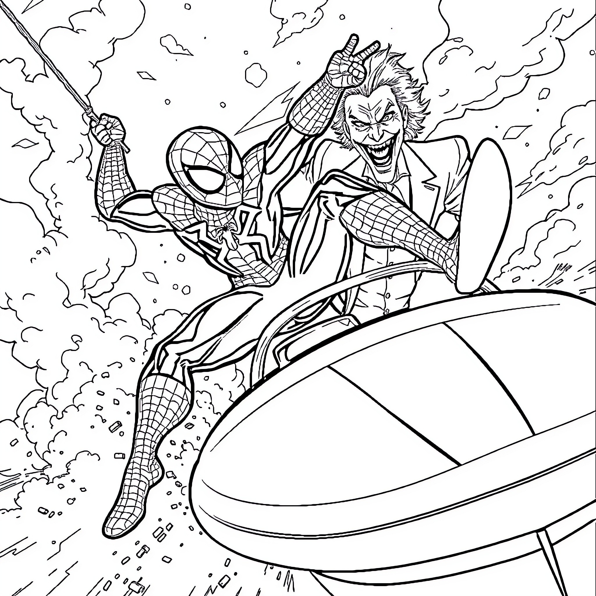 Spiderman battling the Joker in a high-speed chase Coloring Page (free black-and-white line drawing printable PDF for all, from beginners to advanced learners, including children, teens, adults, and seniors)