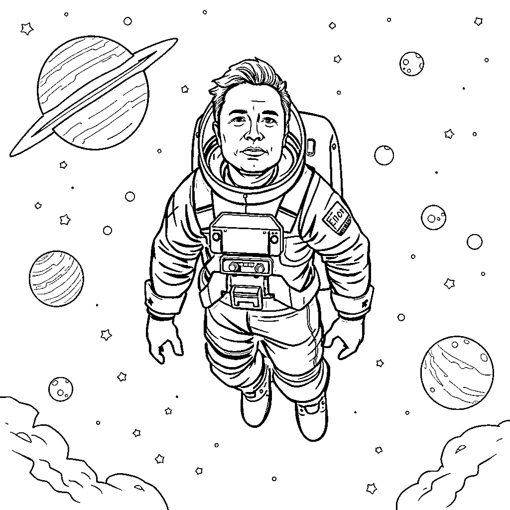 Elon Musk's Cosmic Exploration Adventure Coloring Page (free black-and-white line drawing printable PDF for all, from beginners to advanced learners, including children, teens, adults, and seniors)