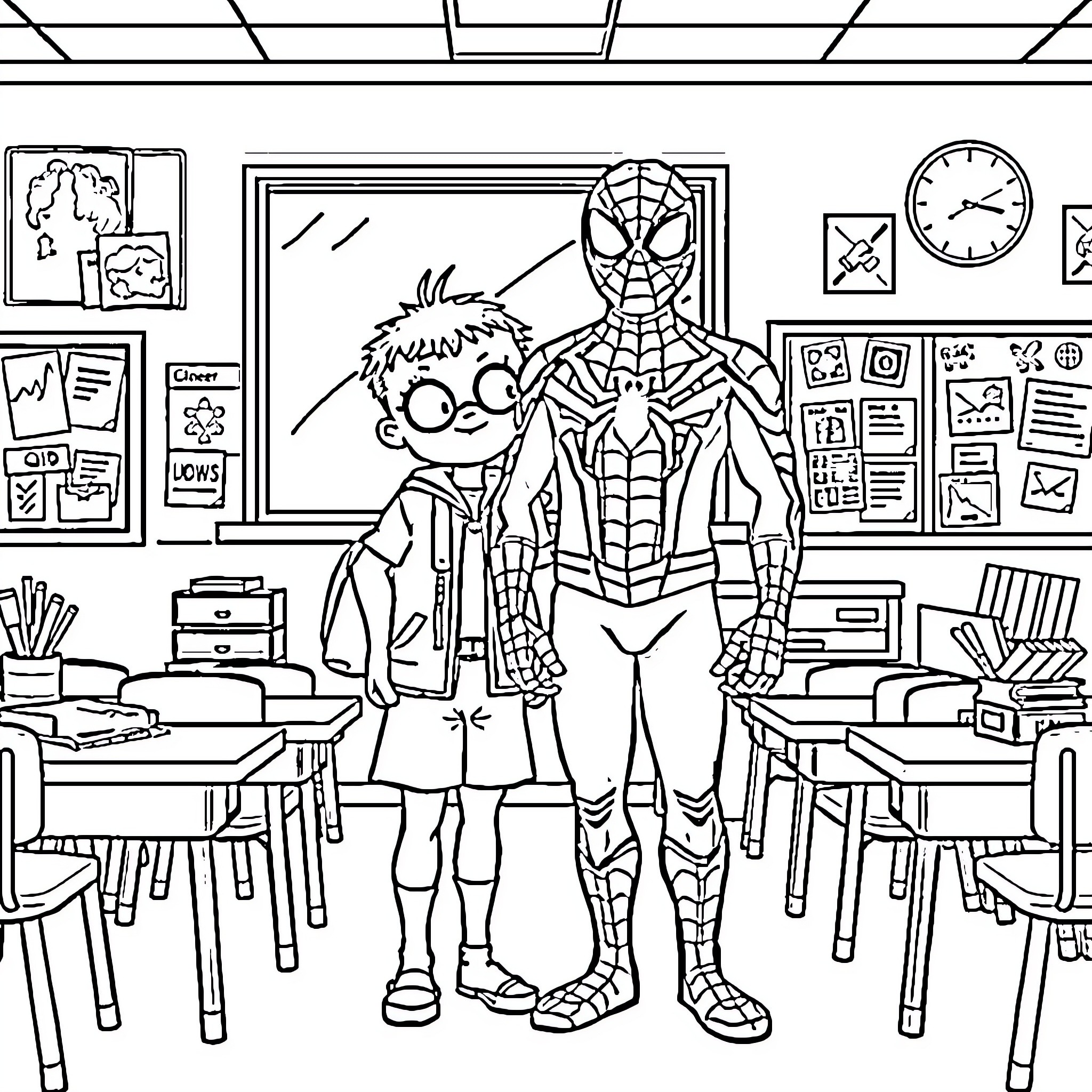 Tchoupi and Spiderman in the Classroom Coloring Page (free black-and-white line drawing printable PDF for all, from beginners to advanced learners, including children, teens, adults, and seniors)
