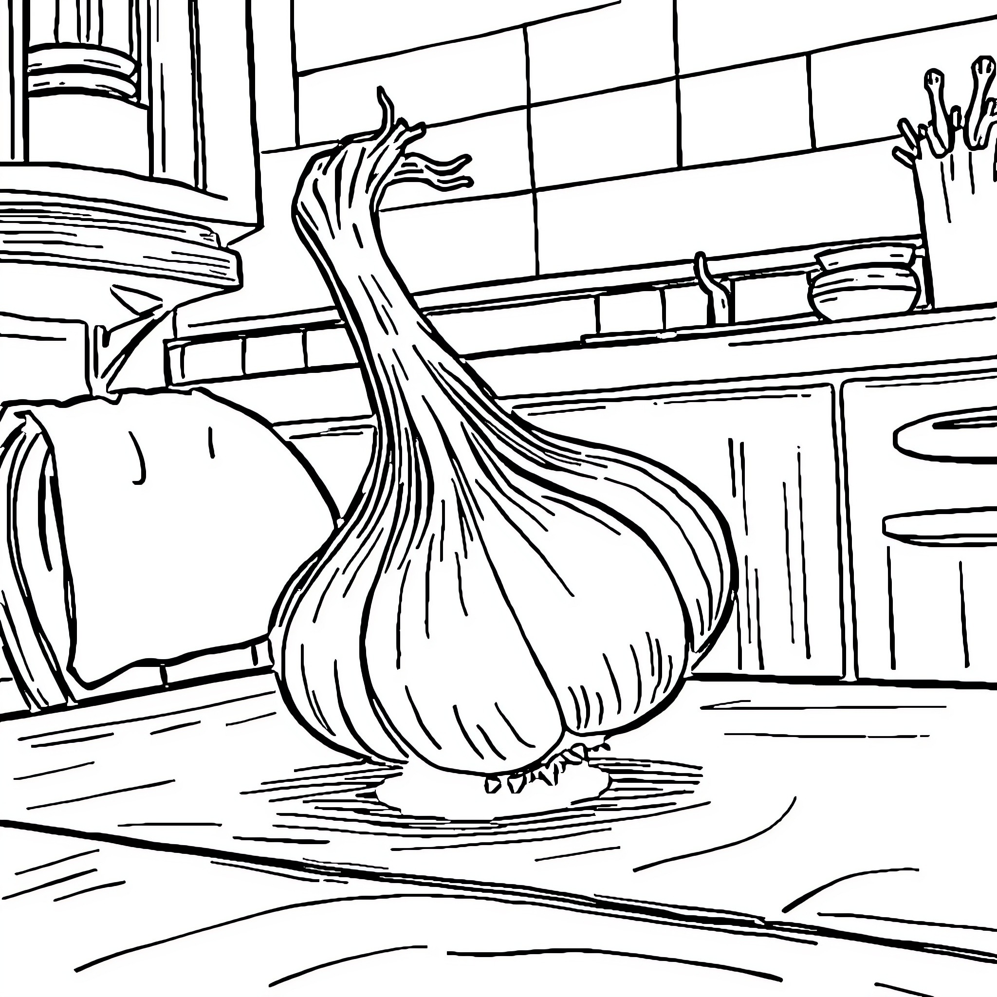 Garlic bulb sitting in kitchen counter Coloring Page (free black-and-white line drawing printable PDF for all, from beginners to advanced learners, including children, teens, adults, and seniors)