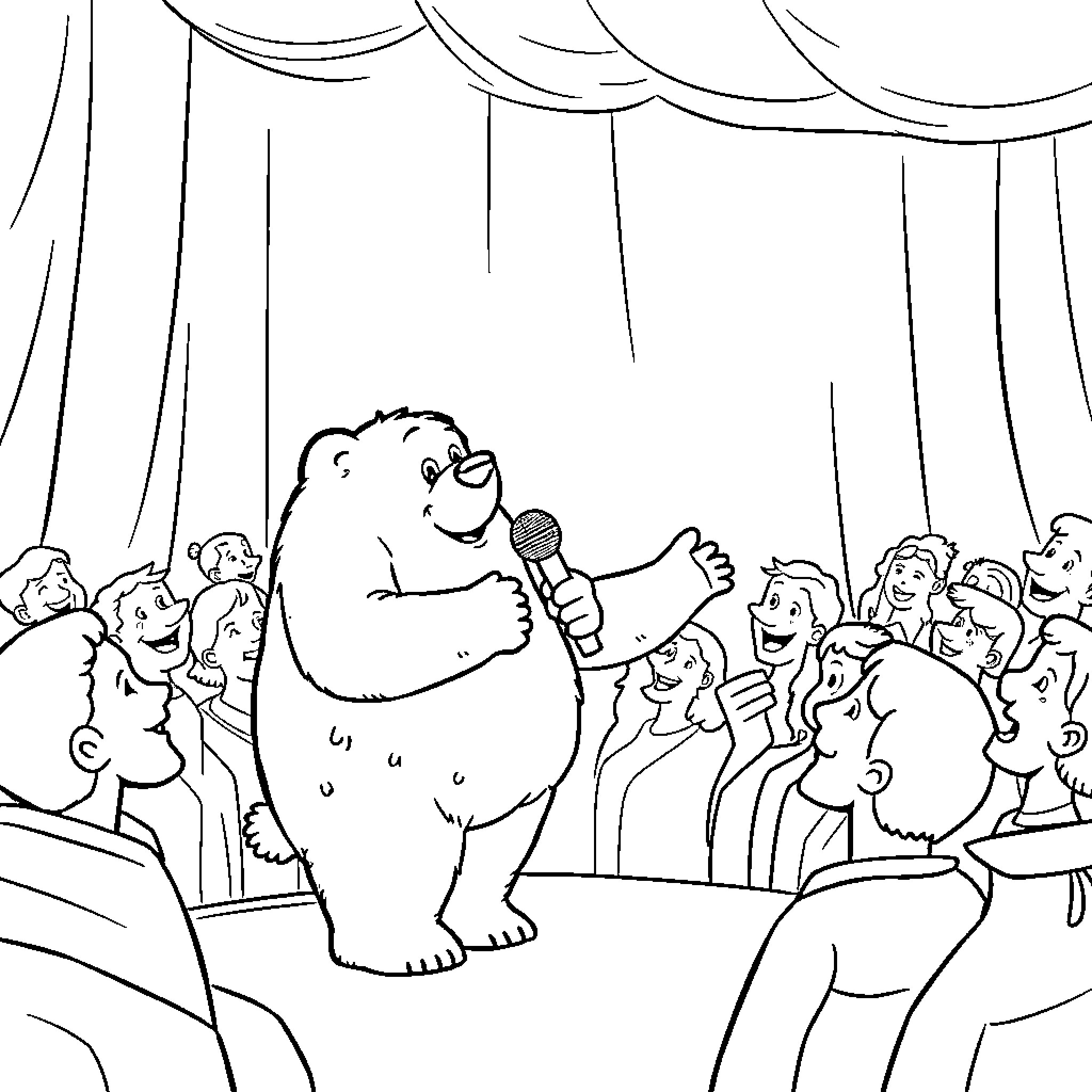 Bear performing on stage for an audience Coloring Page (free black-and-white line drawing printable PDF for all, from beginners to advanced learners, including children, teens, adults, and seniors)