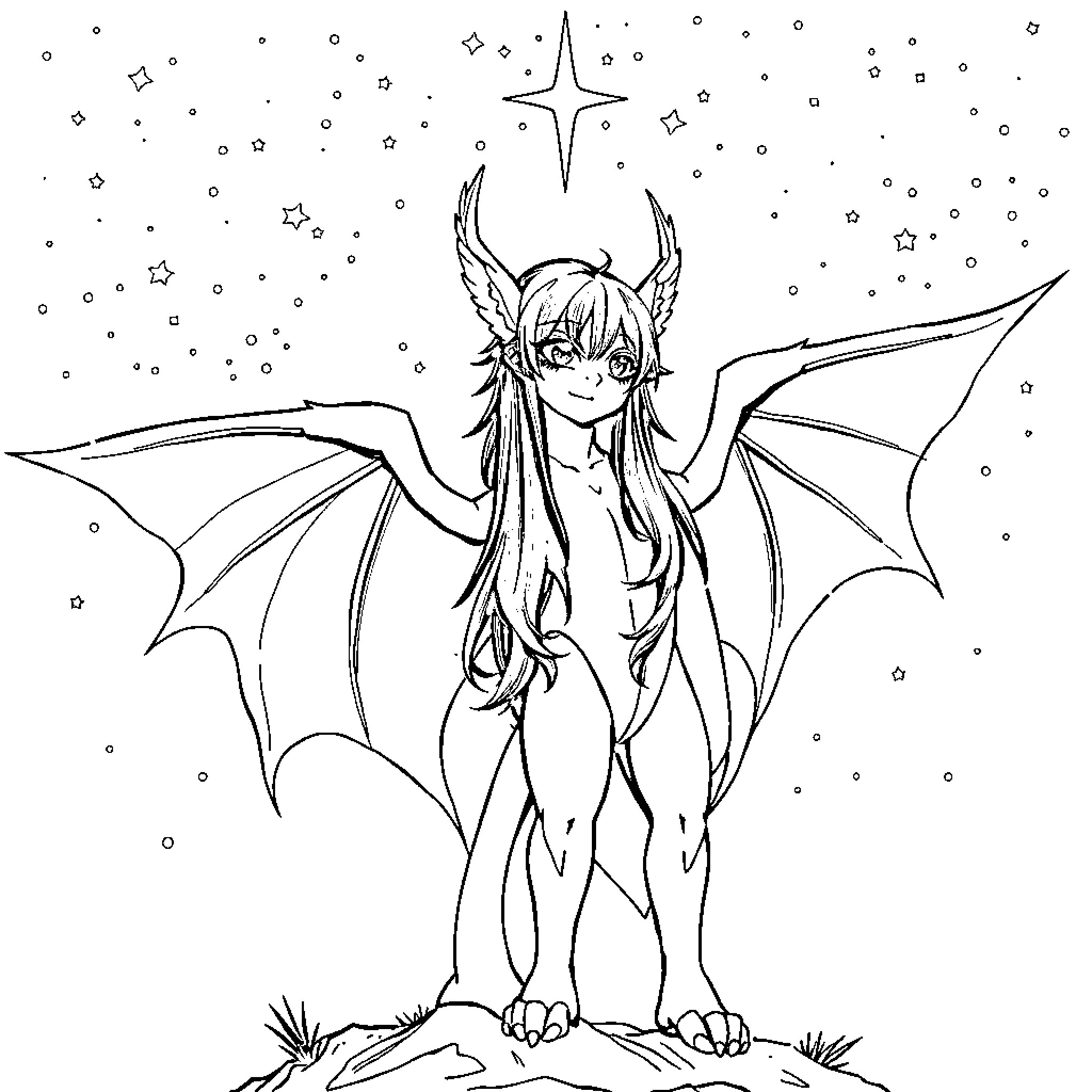 Rhysand in mystical starry night Coloring Page (free black-and-white line drawing printable PDF for all, from beginners to advanced learners, including children, teens, adults, and seniors)