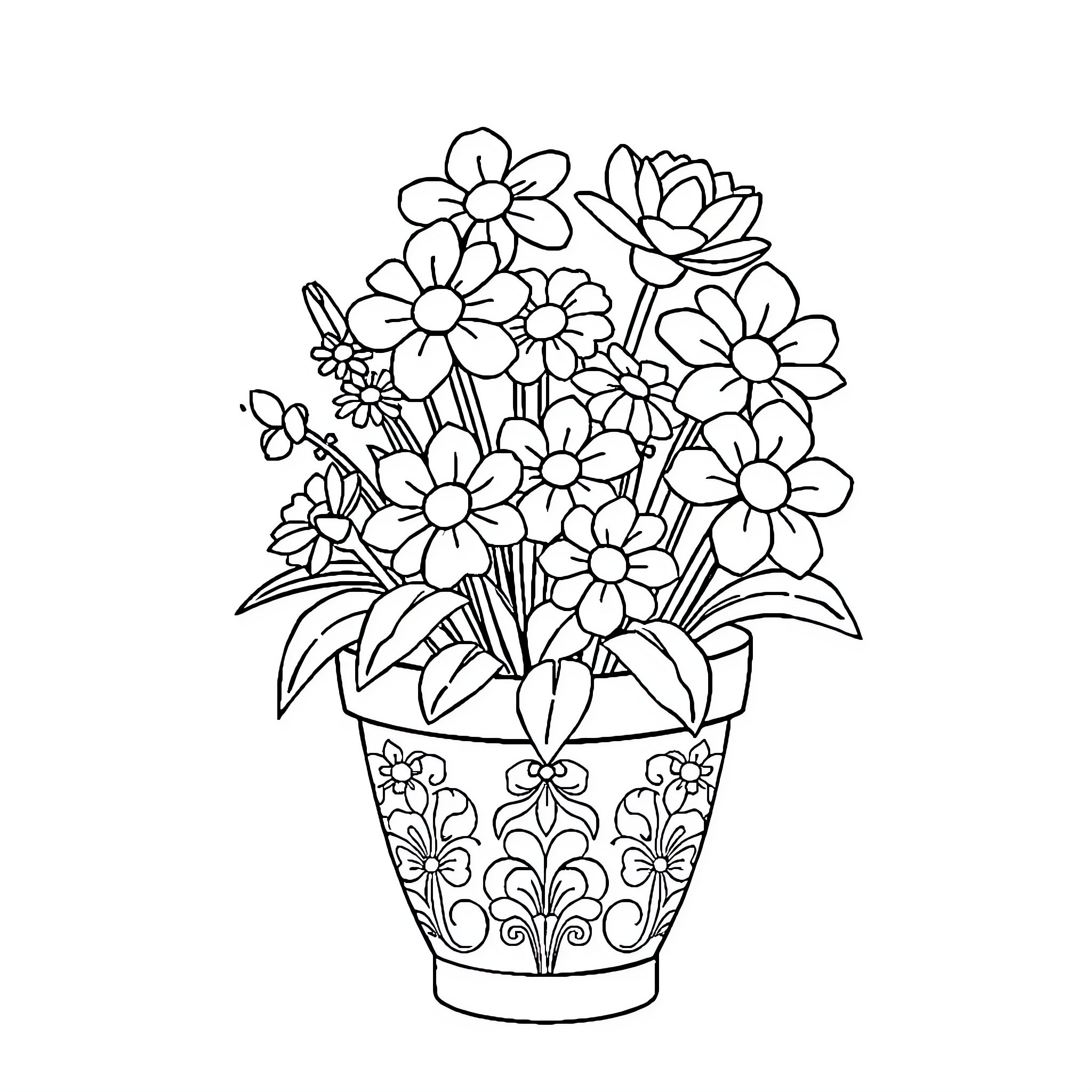 Flower Pot with Blooming Floral Display Coloring Page (free black-and-white line drawing printable PDF for all, from beginners to advanced learners, including children, teens, adults, and seniors)