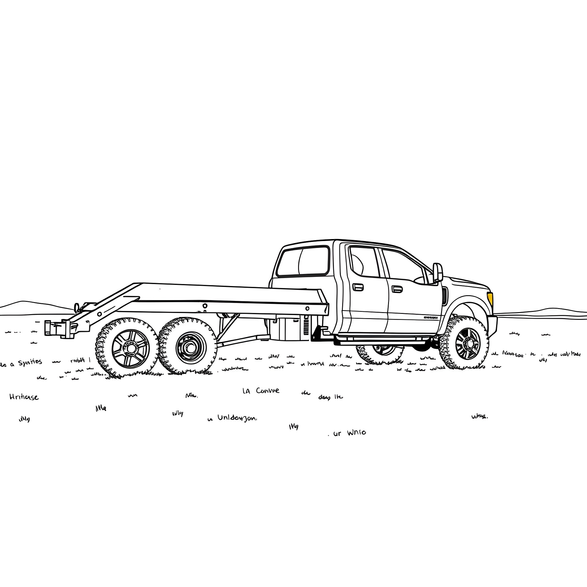 Gooseneck Trailer Hauling a Truck on Rough Terrain Coloring Page (free black-and-white line drawing printable PDF for all, from beginners to advanced learners, including children, teens, adults, and seniors)