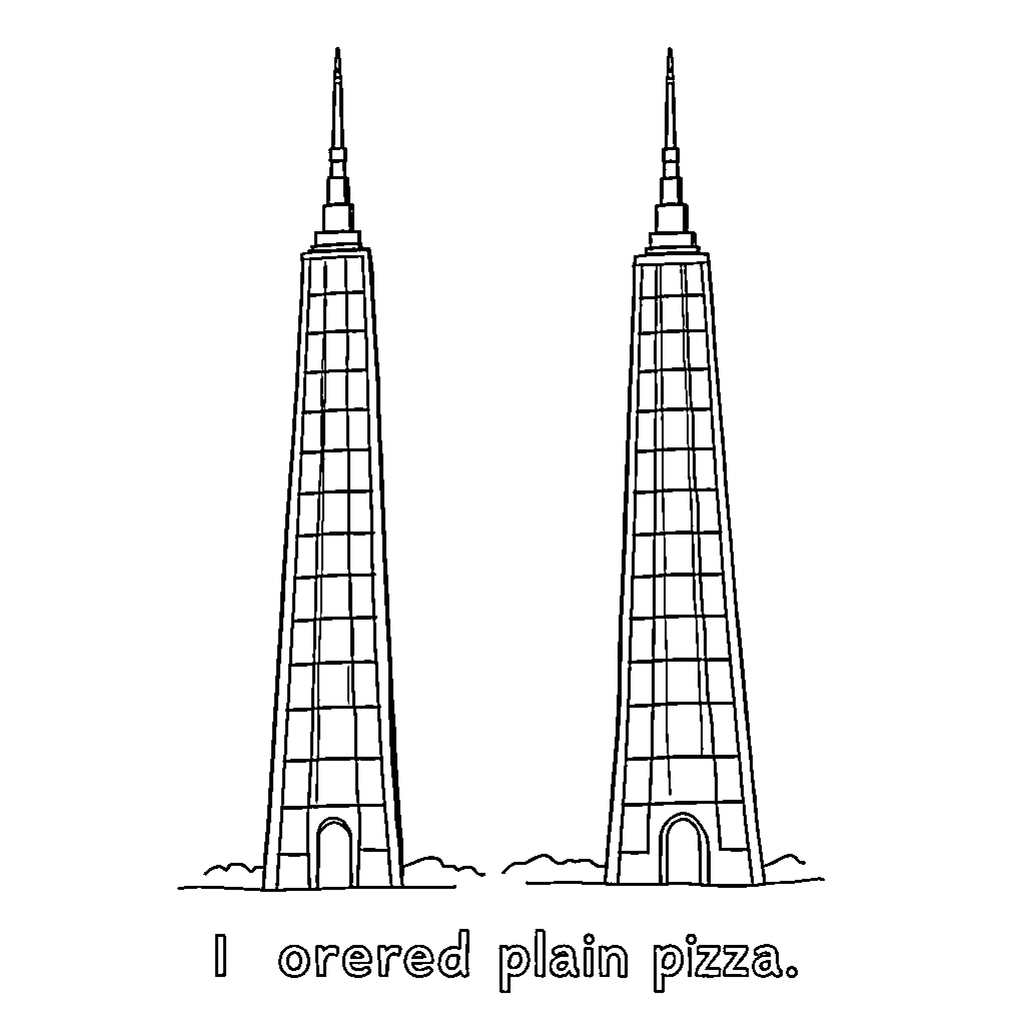 Tower depicting plain pizza Coloring Page (free black-and-white line drawing printable PDF for all, from beginners to advanced learners, including children, teens, adults, and seniors)