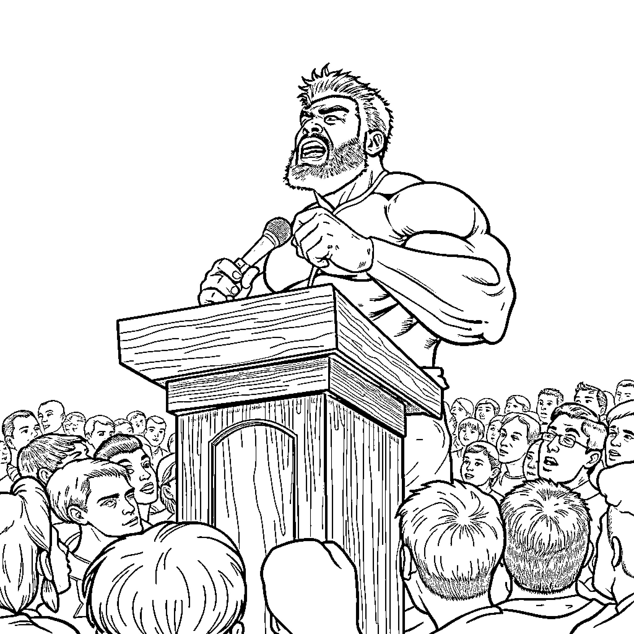 Hulk Delivering Passionate Speech to Crowd Coloring Page (free black-and-white line drawing printable PDF for all, from beginners to advanced learners, including children, teens, adults, and seniors)