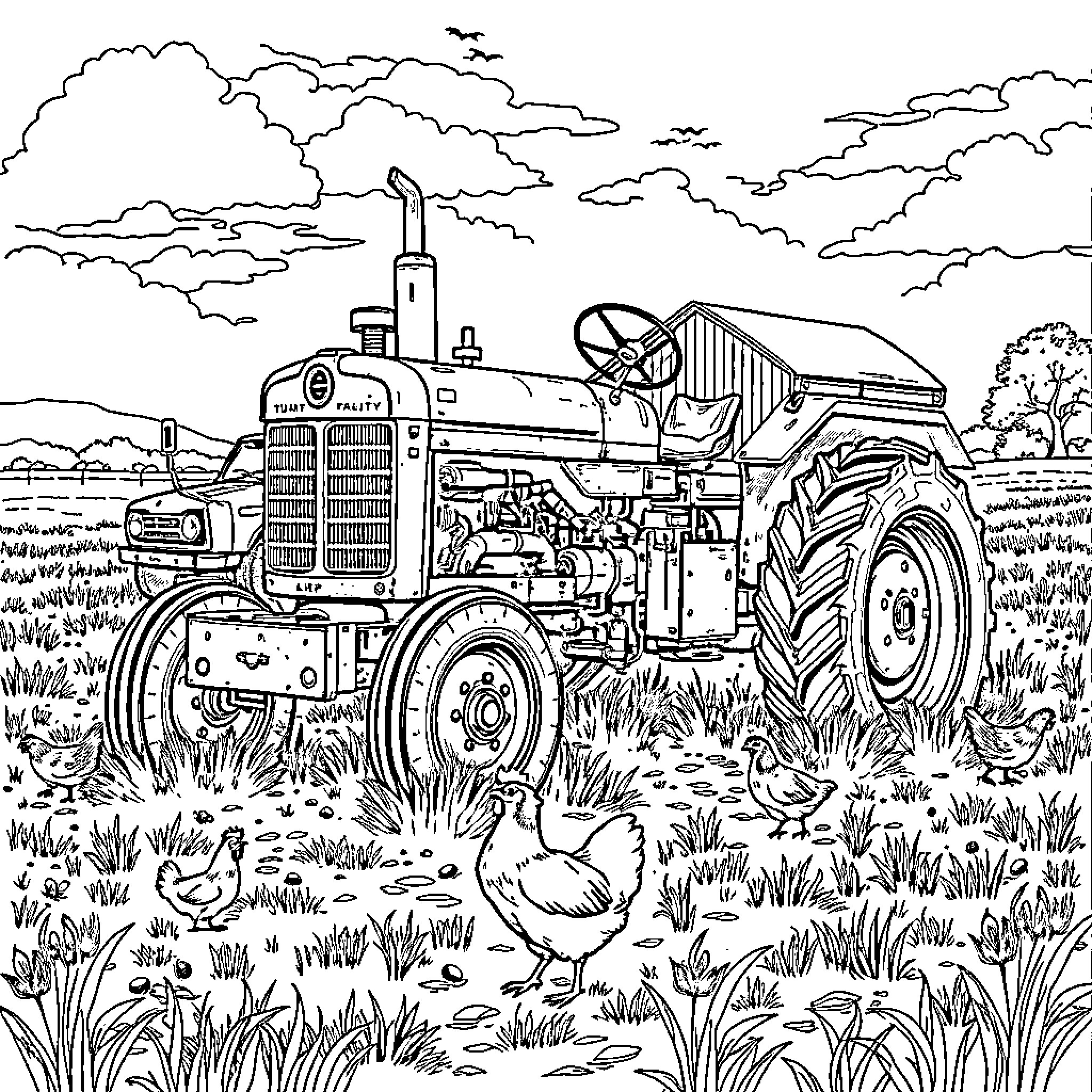Tractor plowing the field with a chicken nearby Coloring Page (free black-and-white line drawing printable PDF for all, from beginners to advanced learners, including children, teens, adults, and seniors)