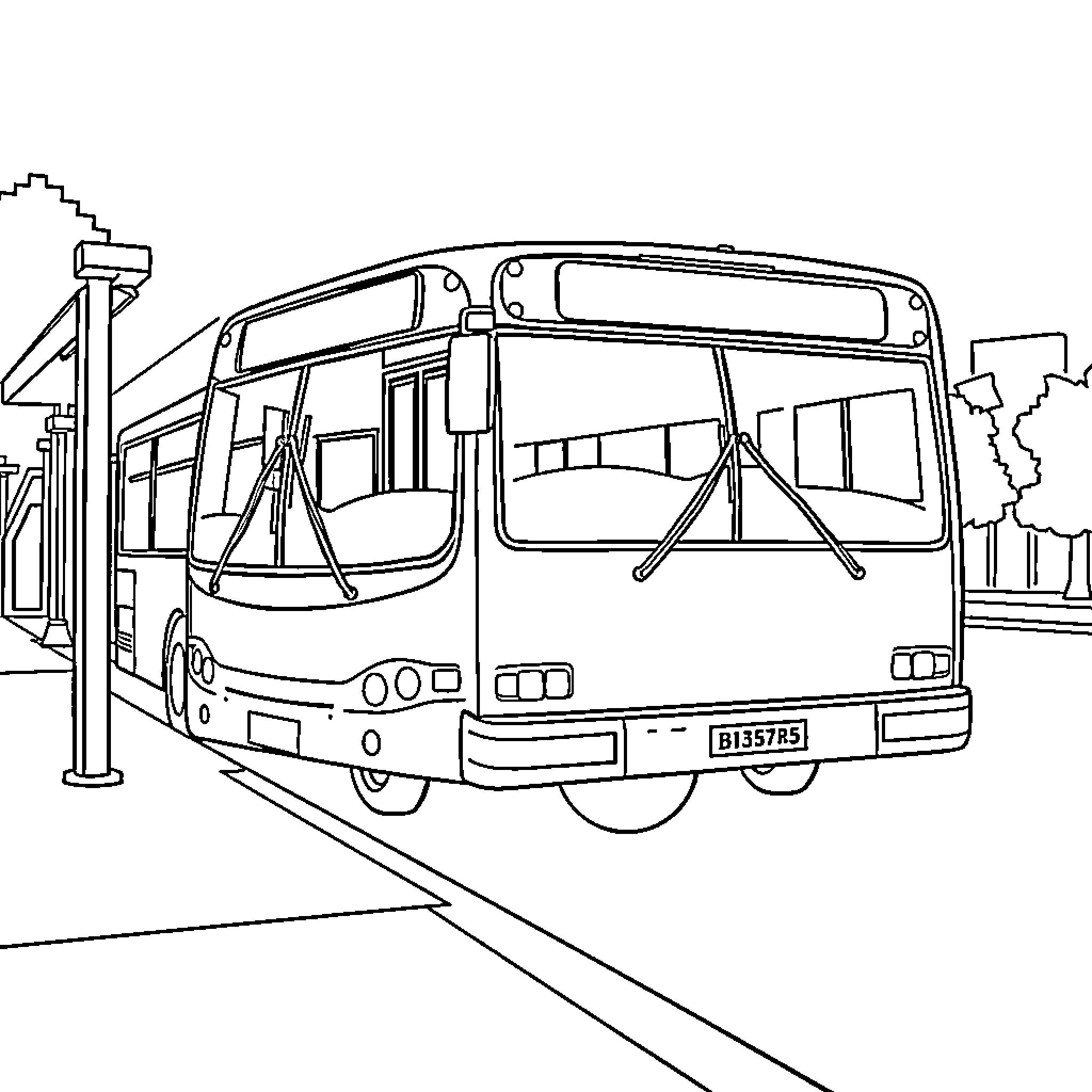Bus at a bus stop with passengers Coloring Page (free black-and-white line drawing printable PDF for all, from beginners to advanced learners, including children, teens, adults, and seniors)