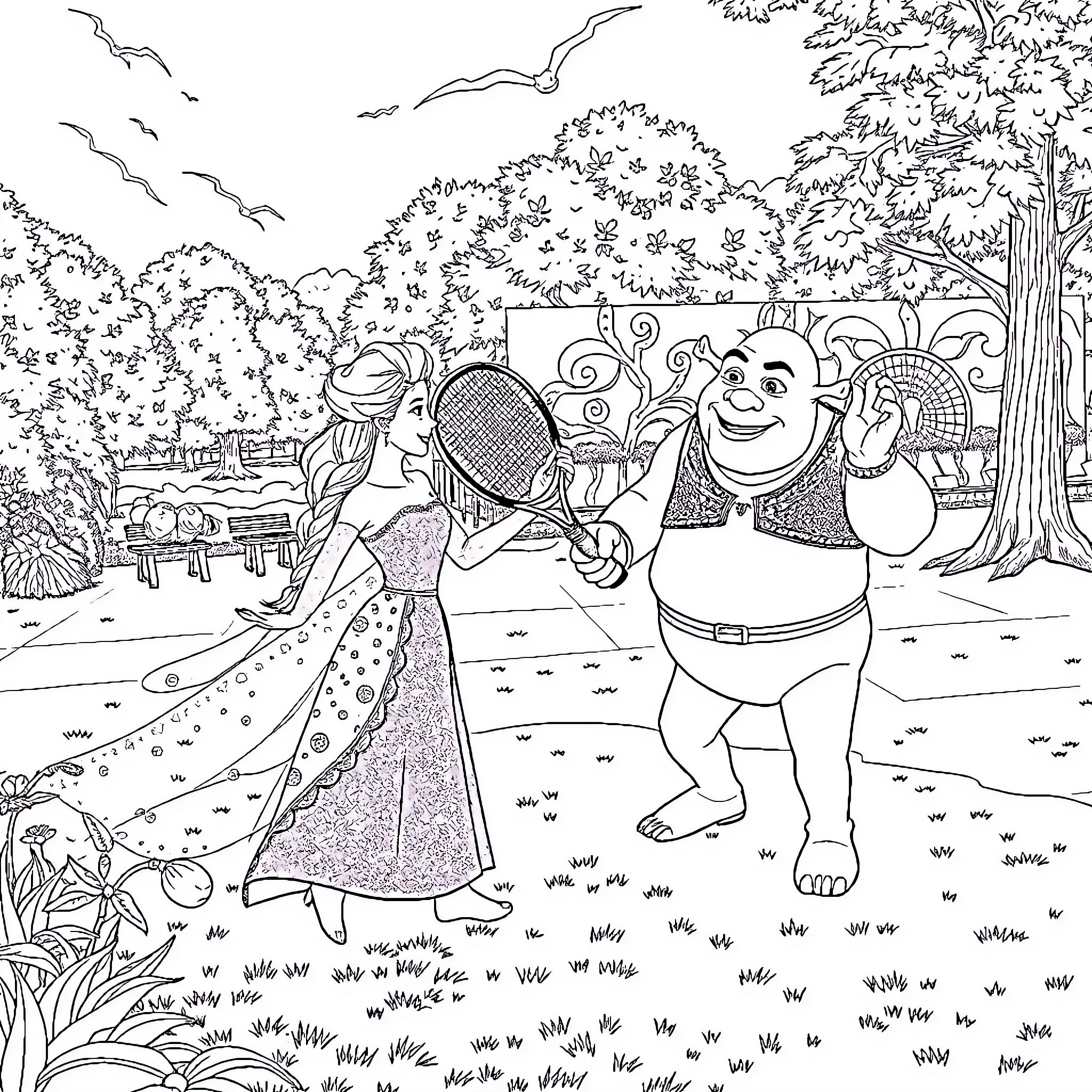 Elsa and Olaf enjoying a cheerful outdoor adventure Coloring Page (free black-and-white line drawing printable PDF for all, from beginners to advanced learners, including children, teens, adults, and seniors)