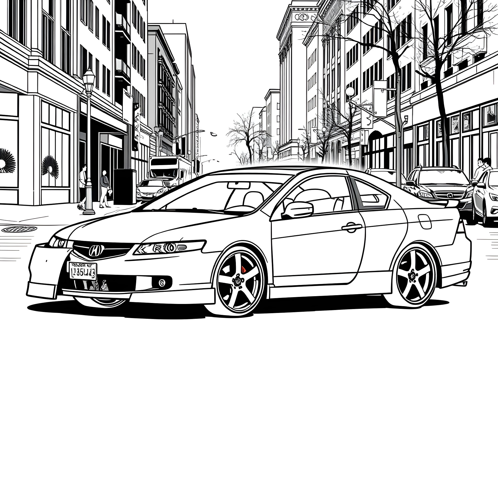Car Parked on City Street Coloring Page (free black-and-white line drawing printable PDF for all, from beginners to advanced learners, including children, teens, adults, and seniors)