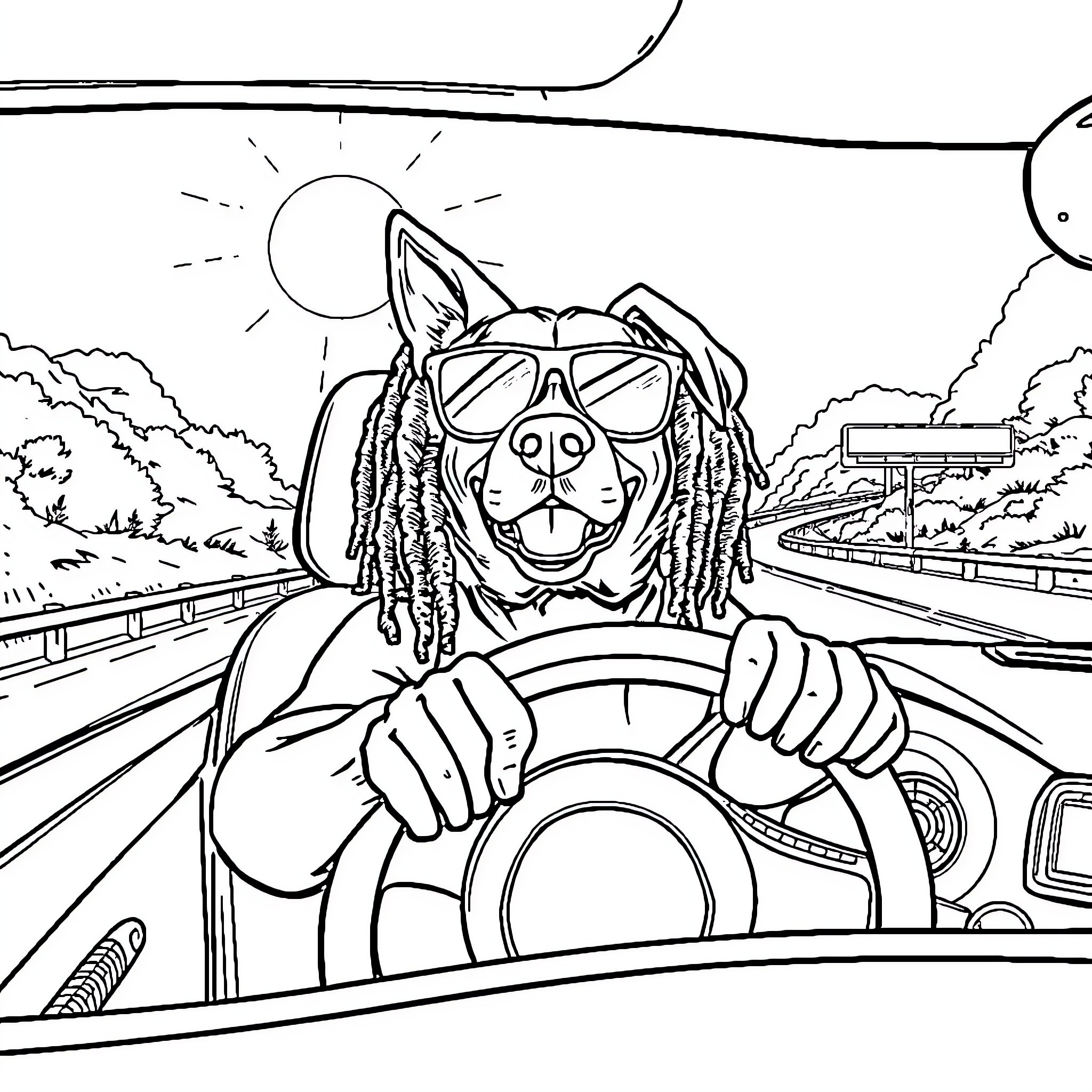 Chien driving a cool car on the road Coloring Page (free black-and-white line drawing printable PDF for all, from beginners to advanced learners, including children, teens, adults, and seniors)