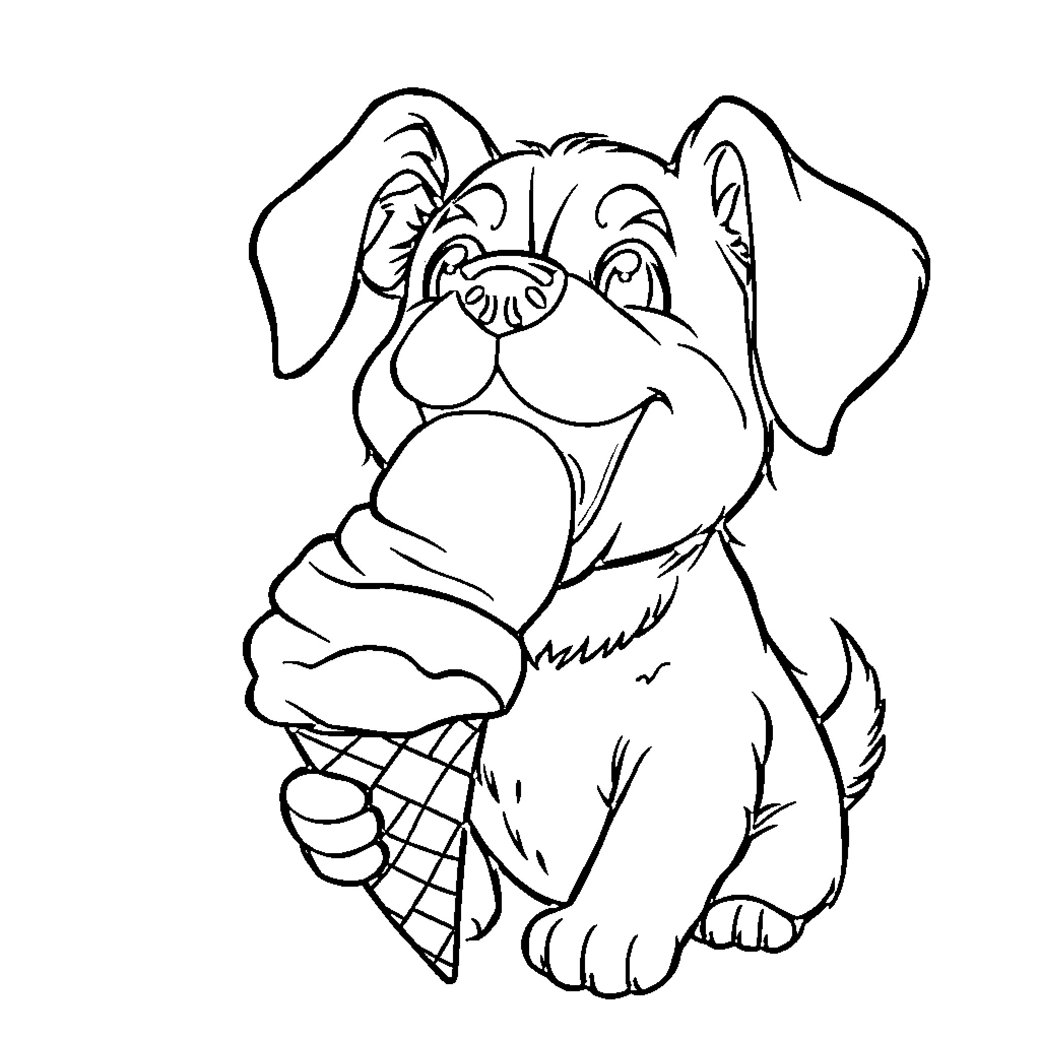 Dog enjoying a delicious ice cream treat Coloring Page (free black-and-white line drawing printable PDF for all, from beginners to advanced learners, including children, teens, adults, and seniors)