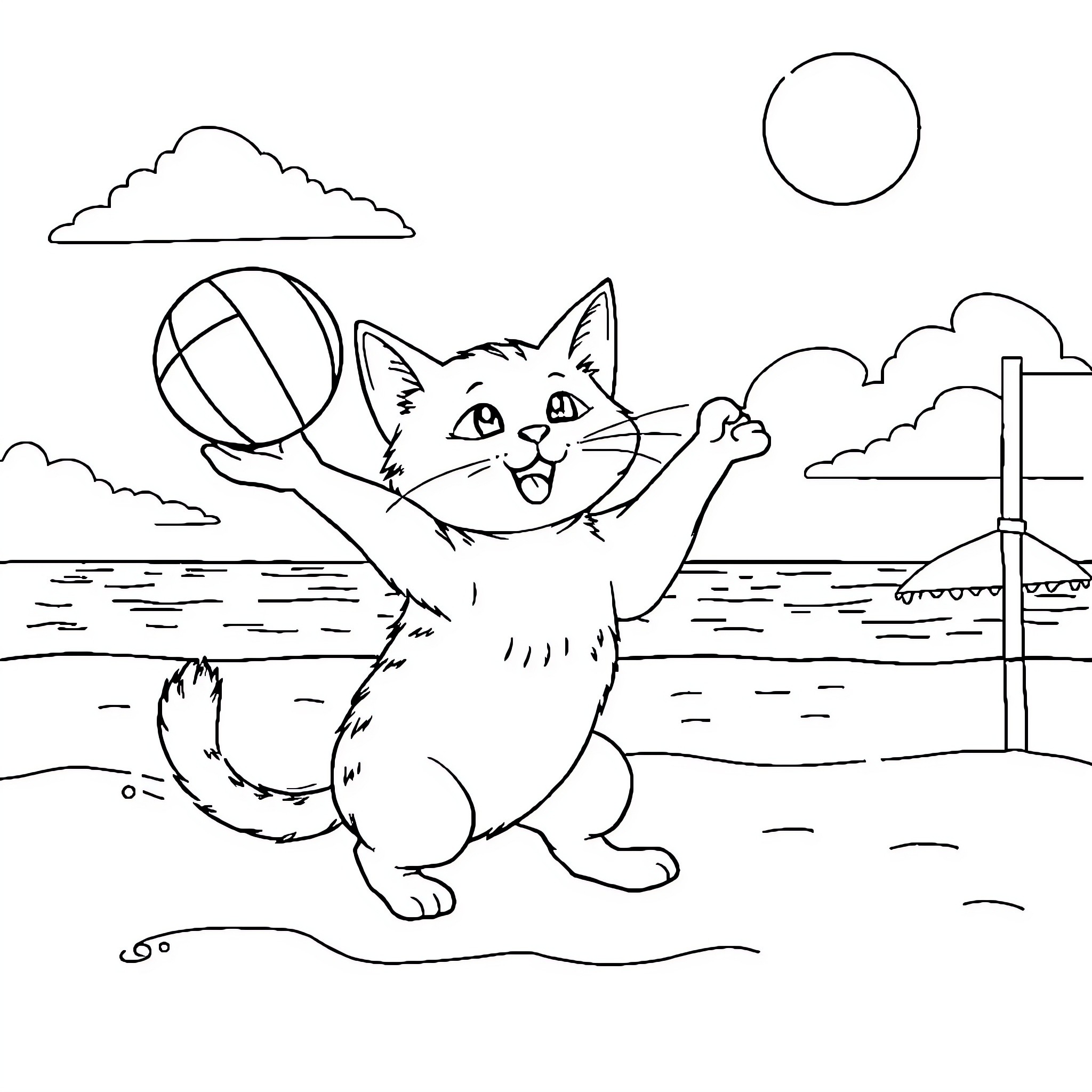 Cat playing with a ball on the beach Coloring Page (free black-and-white line drawing printable PDF for all, from beginners to advanced learners, including children, teens, adults, and seniors)