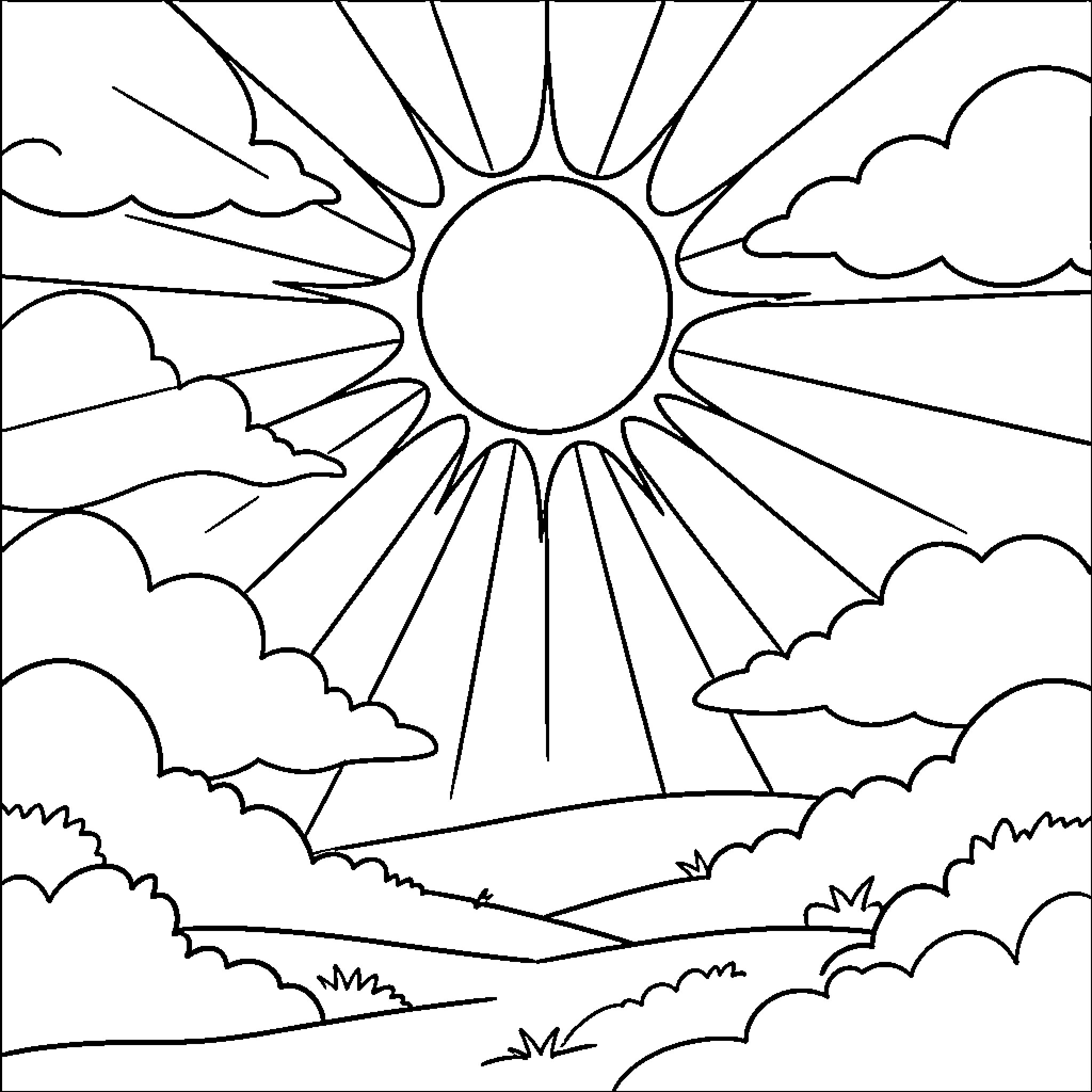 Sun shining brightly behind clouds over a landscape Coloring Page (free black-and-white line drawing printable PDF for all, from beginners to advanced learners, including children, teens, adults, and seniors)