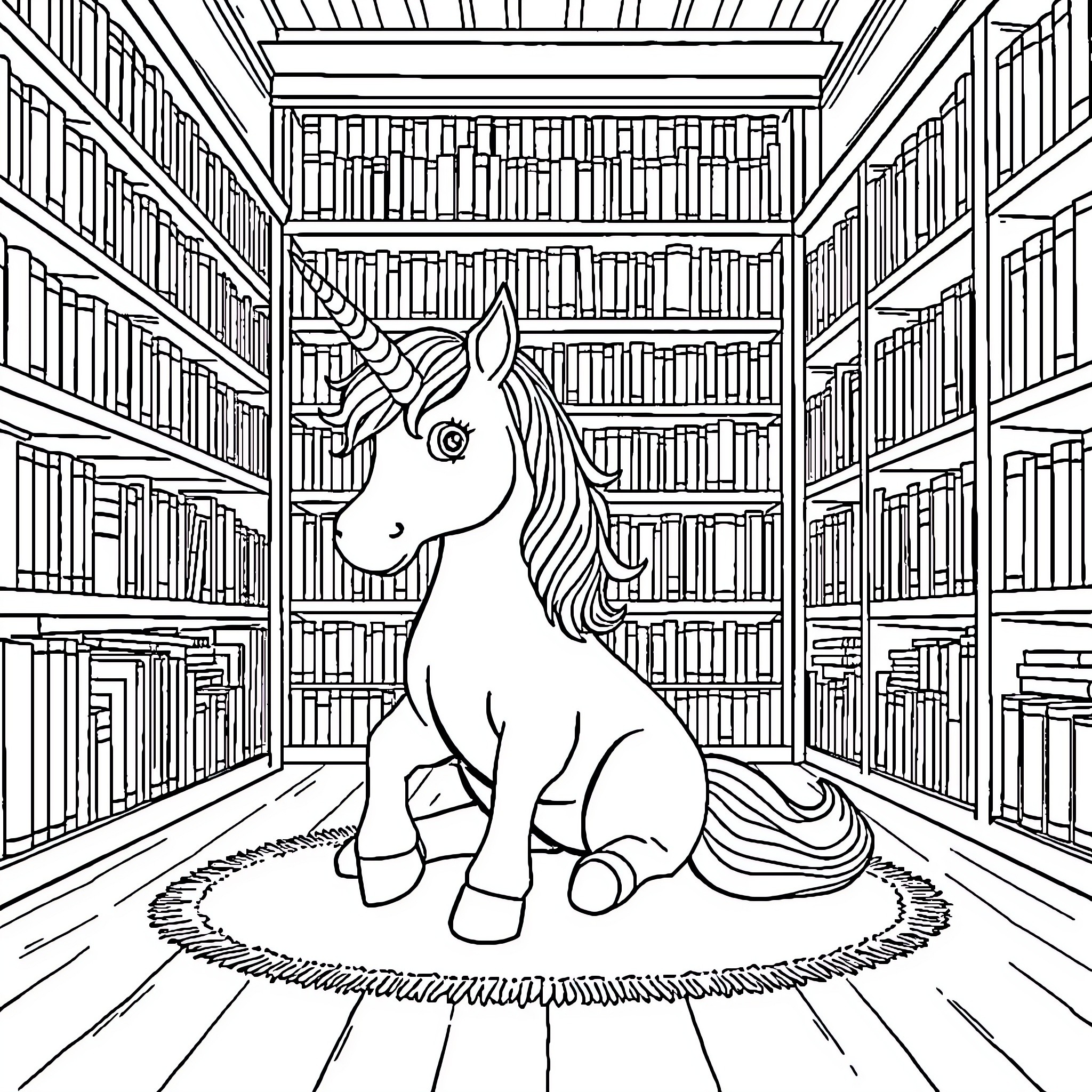 Unicorn in a Magical Library Coloring Page (free black-and-white line drawing printable PDF for all, from beginners to advanced learners, including children, teens, adults, and seniors)