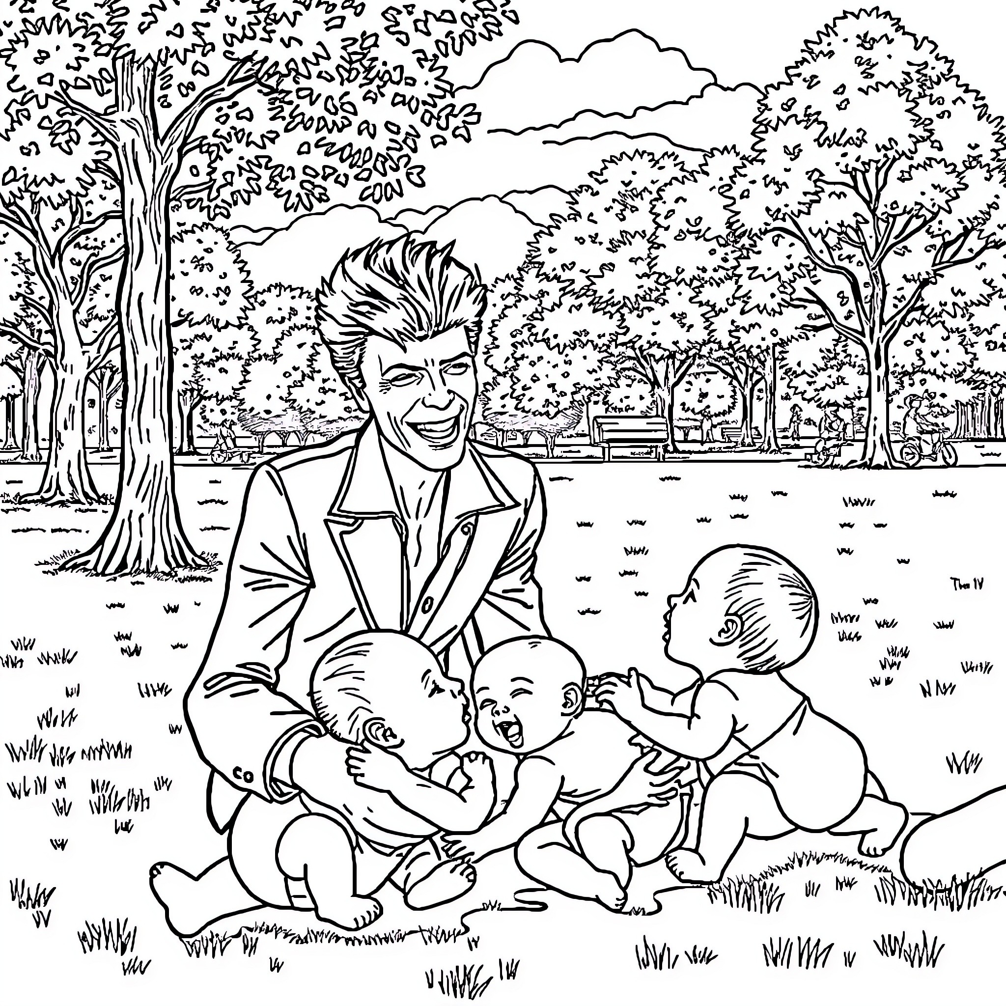 David Bowie enjoying playtime with children in a park Coloring Page (free black-and-white line drawing printable PDF for all, from beginners to advanced learners, including children, teens, adults, and seniors)
