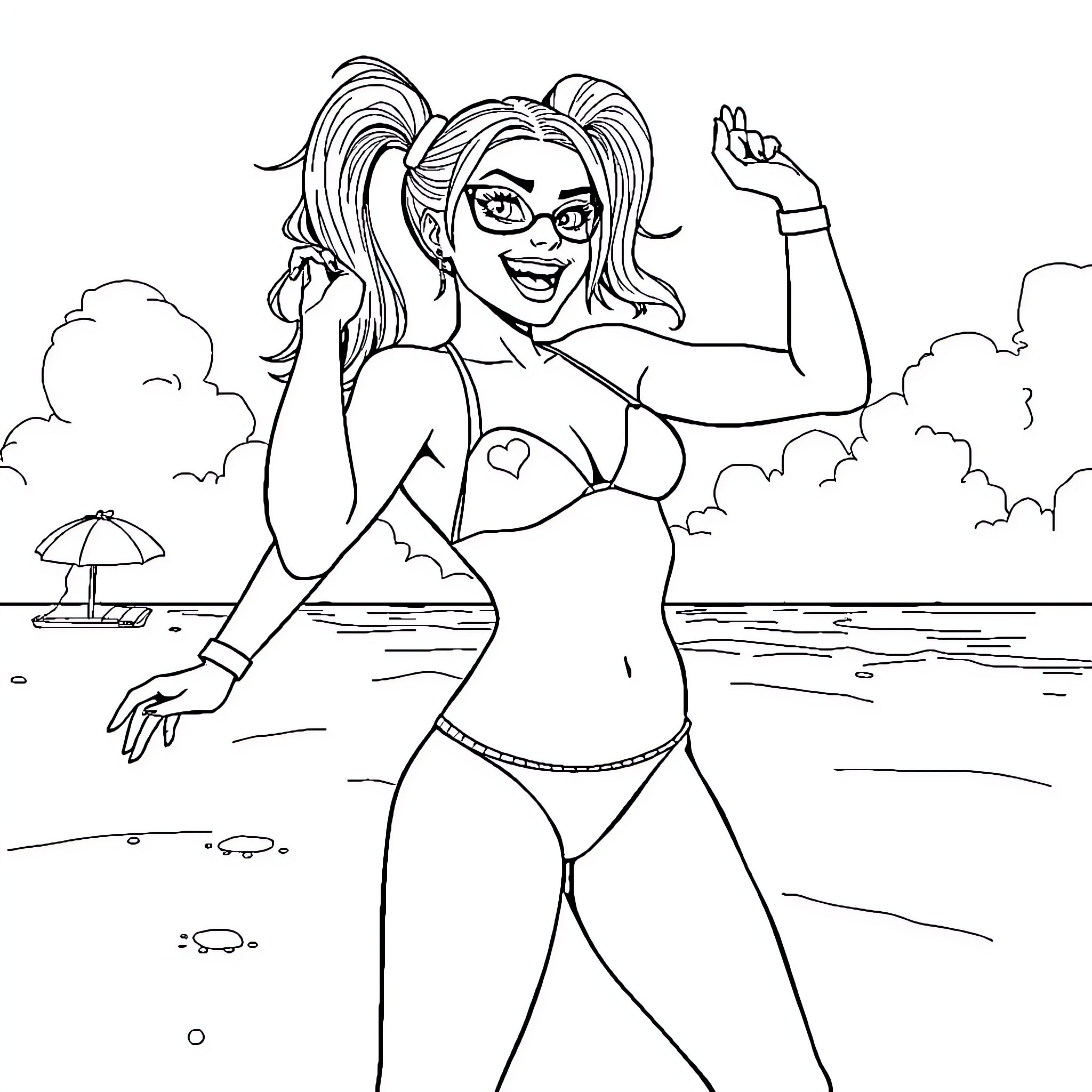 Harley Quinn strikes a playful pose on the beach Coloring Page (free black-and-white line drawing printable PDF for all, from beginners to advanced learners, including children, teens, adults, and seniors)