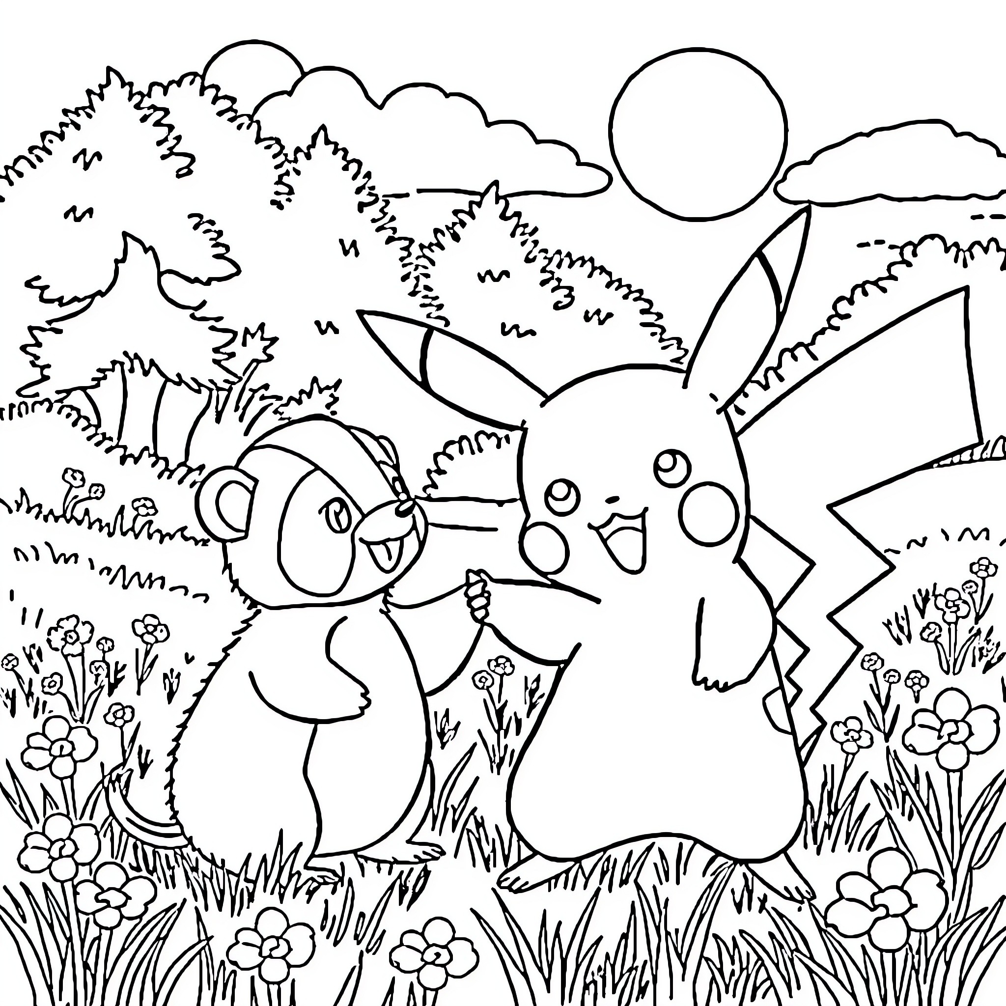 Pikachu and Friends Exploring the Outdoors Coloring Page (free black-and-white line drawing printable PDF for all, from beginners to advanced learners, including children, teens, adults, and seniors)