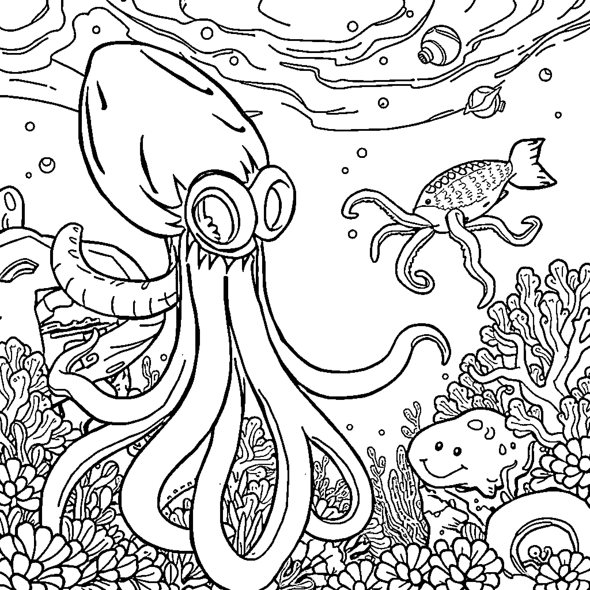 Squid and Underwater Marine Life Scene Coloring Page (free black-and-white line drawing printable PDF for all, from beginners to advanced learners, including children, teens, adults, and seniors)