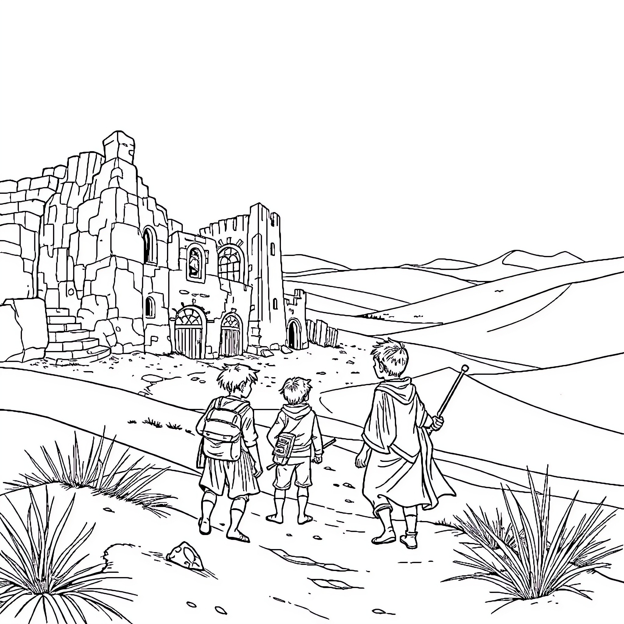 Brother's Adventure at the Ancient Castle Coloring Page (free black-and-white line drawing printable PDF for all, from beginners to advanced learners, including children, teens, adults, and seniors)