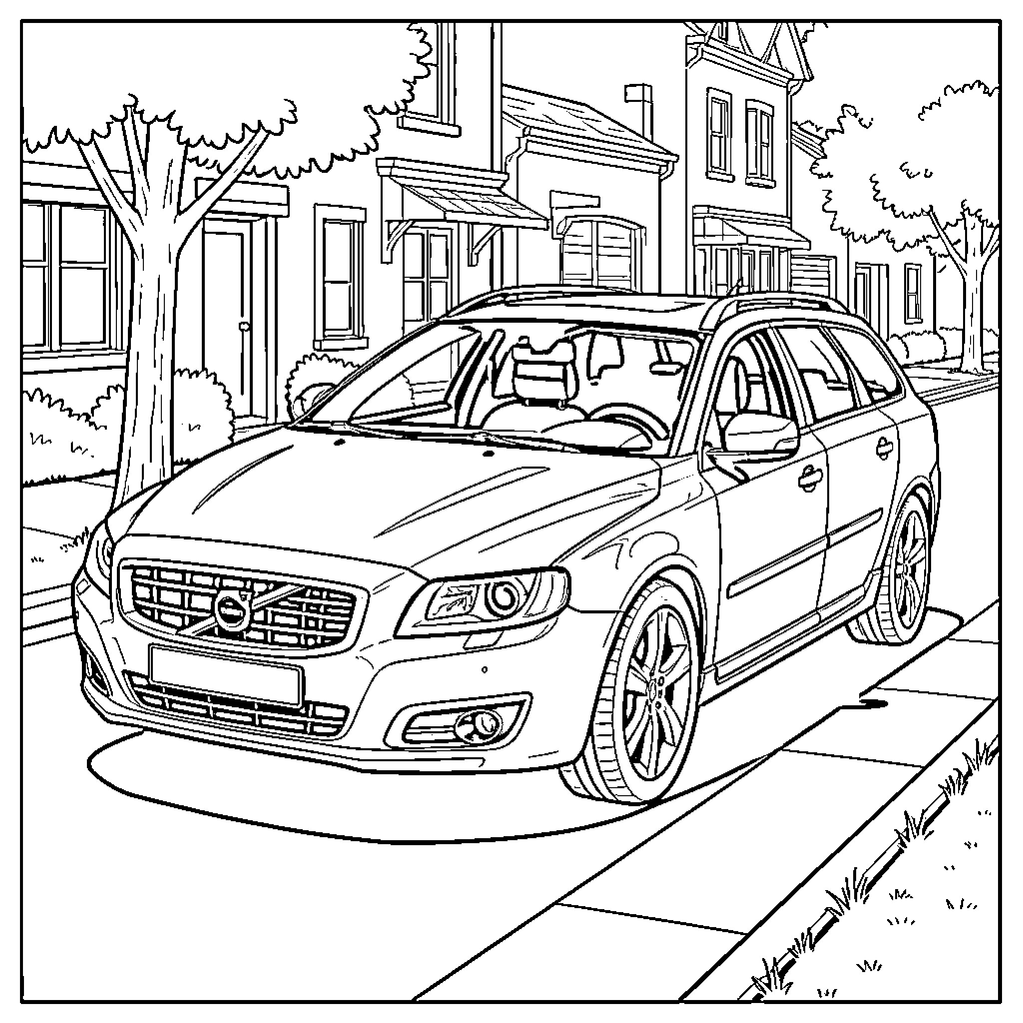 Volvo wagon on a suburban street Coloring Page (free black-and-white line drawing printable PDF for all, from beginners to advanced learners, including children, teens, adults, and seniors)