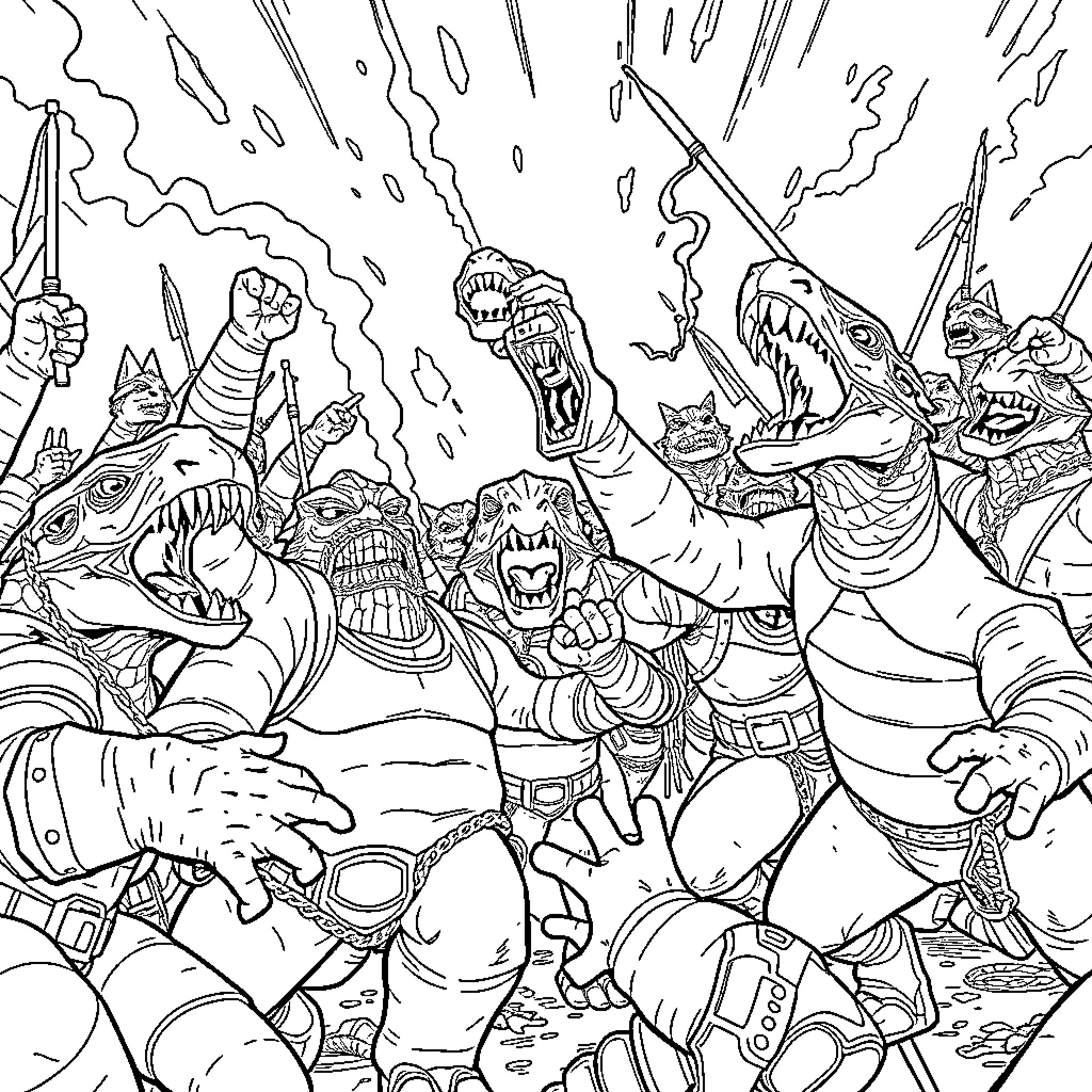 Krogan warriors engaged in fierce combat Coloring Page (free black-and-white line drawing printable PDF for all, from beginners to advanced learners, including children, teens, adults, and seniors)