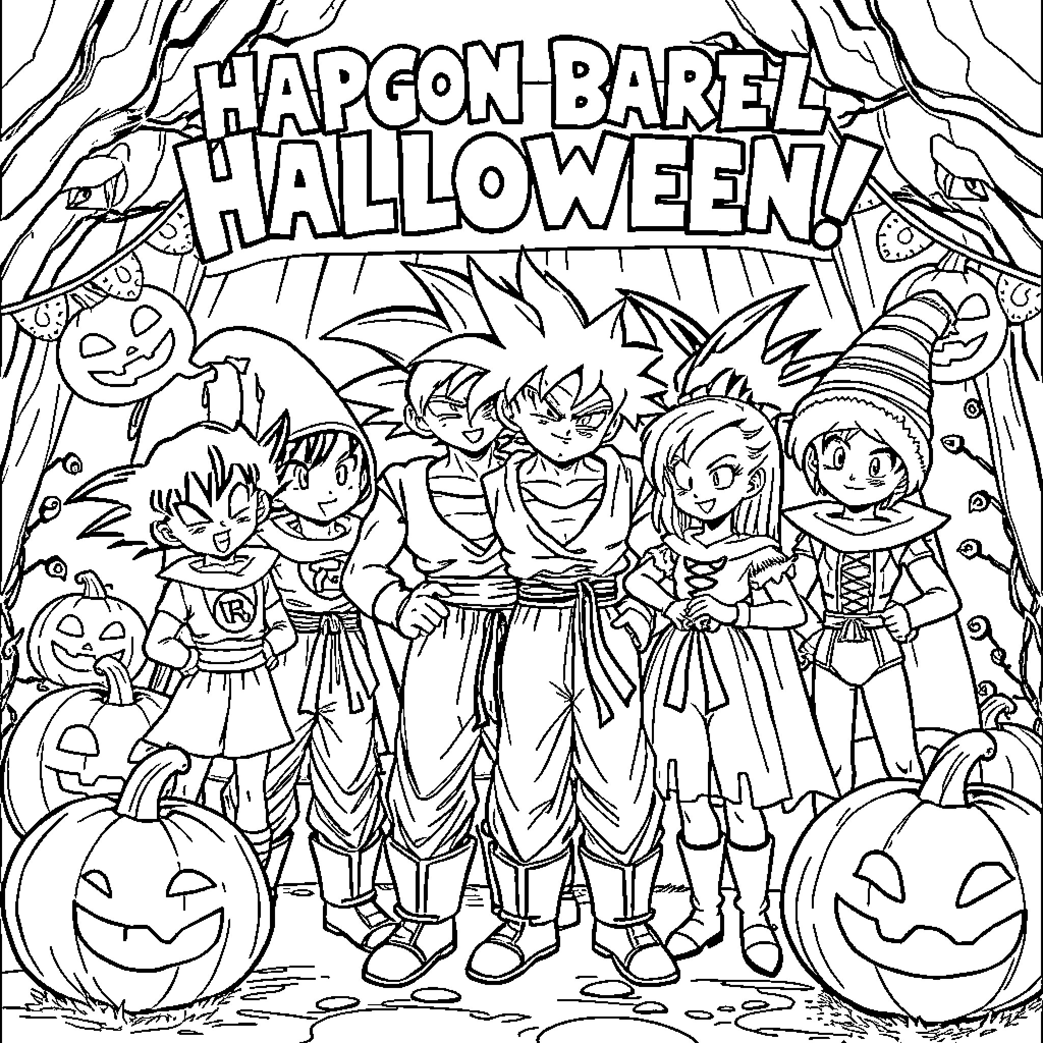 Dragon Ball Characters Celebrate Halloween Coloring Page (free black-and-white line drawing printable PDF for all, from beginners to advanced learners, including children, teens, adults, and seniors)
