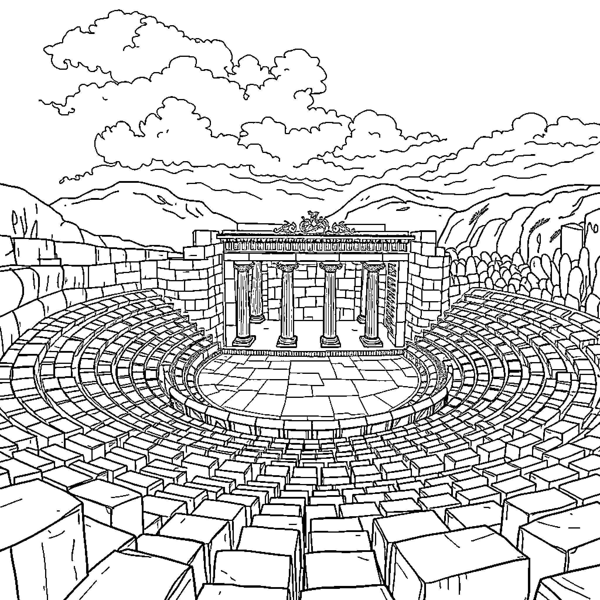 Theatre of Dramatic Architectural Grandeur Coloring Page (free black-and-white line drawing printable PDF for all, from beginners to advanced learners, including children, teens, adults, and seniors)