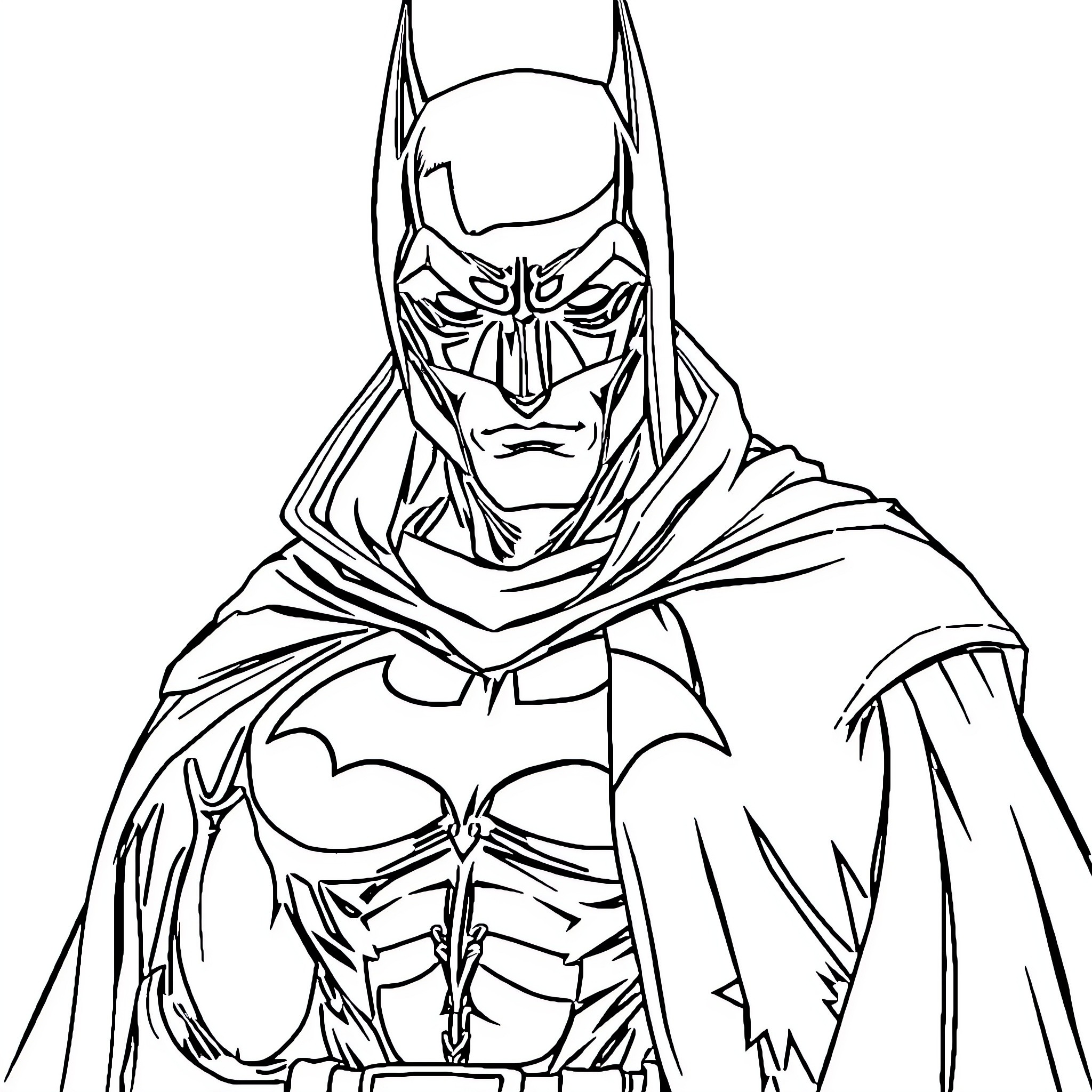 Bandit in Superhero Costume Strikes a Serious Pose Coloring Page (free black-and-white line drawing printable PDF for all, from beginners to advanced learners, including children, teens, adults, and seniors)