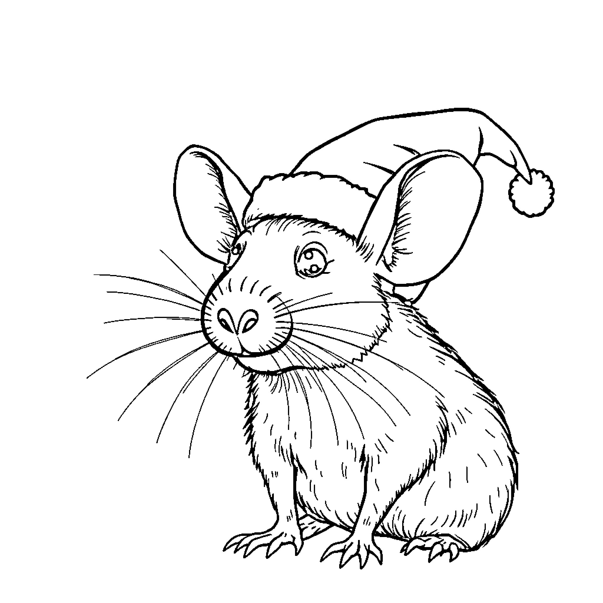 Rat wearing a Santa hat Coloring Page (free black-and-white line drawing printable PDF for all, from beginners to advanced learners, including children, teens, adults, and seniors)