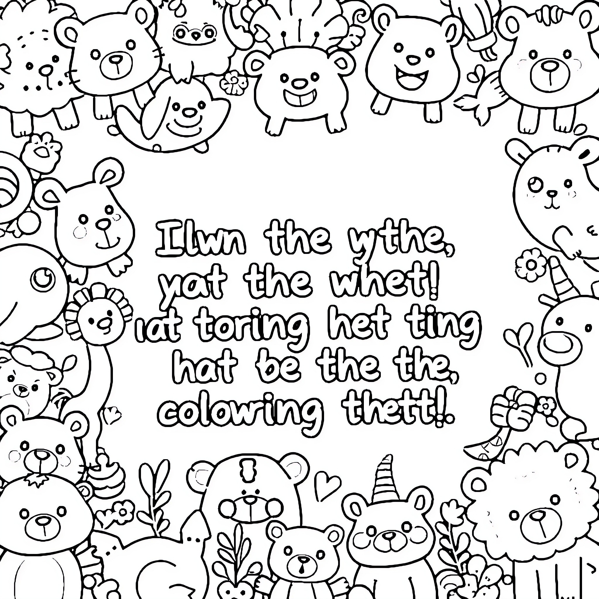 Quote Whimsical creatures and playful text Coloring Page (free black-and-white line drawing printable PDF for all, from beginners to advanced learners, including children, teens, adults, and seniors)