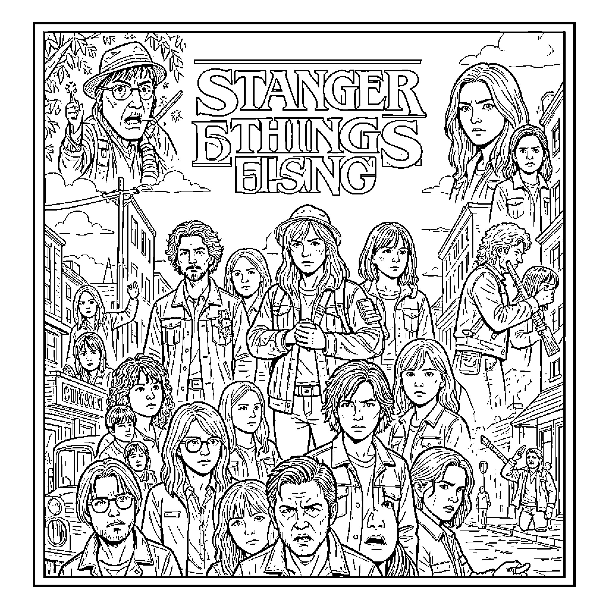 Stranger Things characters in a detailed scene Coloring Page (free black-and-white line drawing printable PDF for all, from beginners to advanced learners, including children, teens, adults, and seniors)