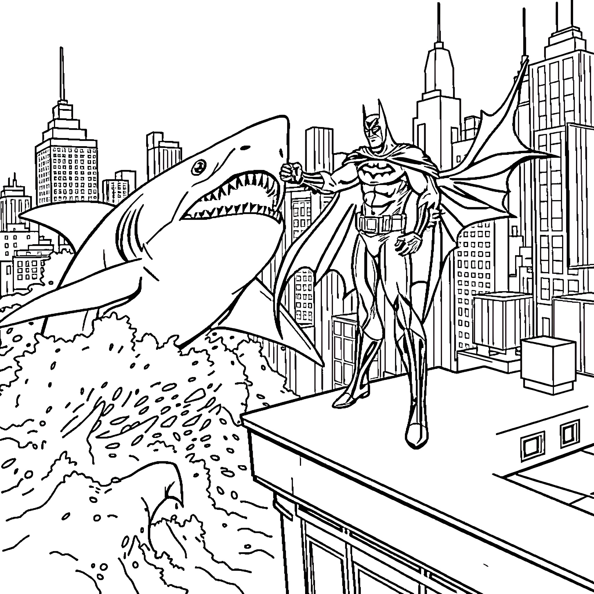 Shark vs. Batman in the City Coloring Page (free black-and-white line drawing printable PDF for all, from beginners to advanced learners, including children, teens, adults, and seniors)