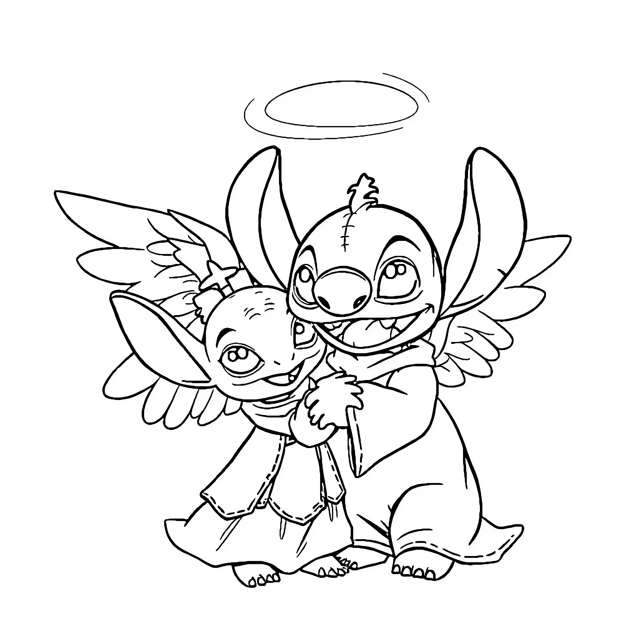 Angel Stitch and Angel Lilo Playing Together Coloring Page (free black-and-white line drawing printable PDF for all, from beginners to advanced learners, including children, teens, adults, and seniors)