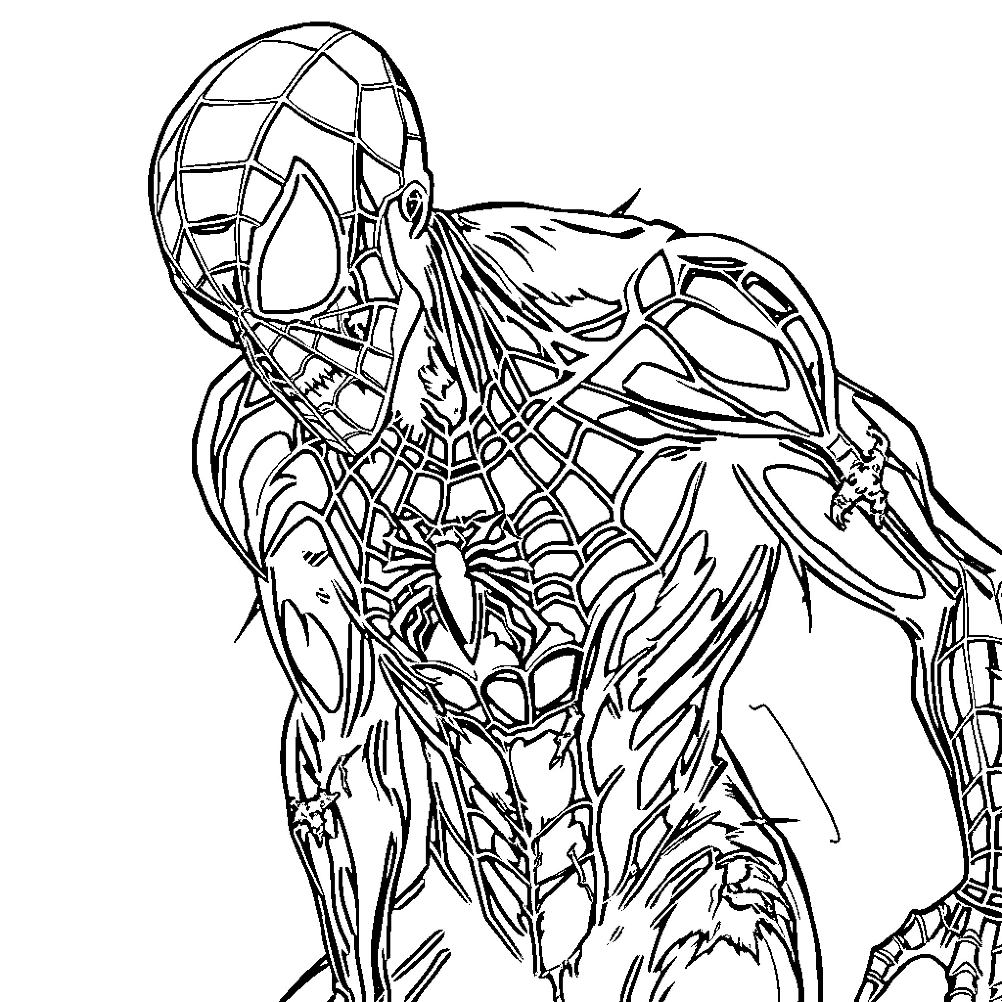 Zombie Spiderman in action-packed pose Coloring Page (free black-and-white line drawing printable PDF for all, from beginners to advanced learners, including children, teens, adults, and seniors)