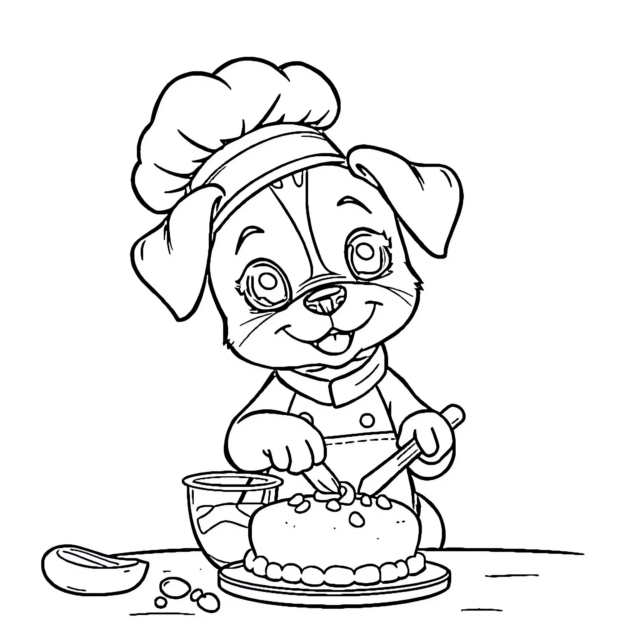 Puppy chef preparing a tasty treat Coloring Page (free black-and-white line drawing printable PDF for all, from beginners to advanced learners, including children, teens, adults, and seniors)
