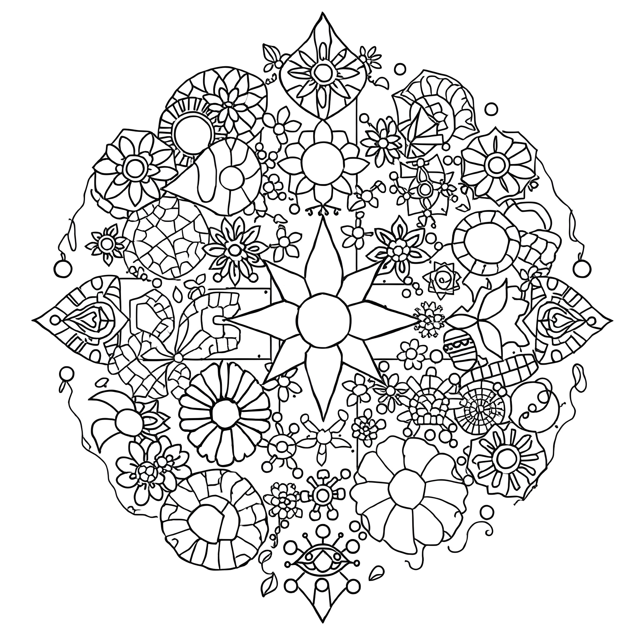 Patchwork of Intricate Floral Patterns Coloring Page (free black-and-white line drawing printable PDF for all, from beginners to advanced learners, including children, teens, adults, and seniors)