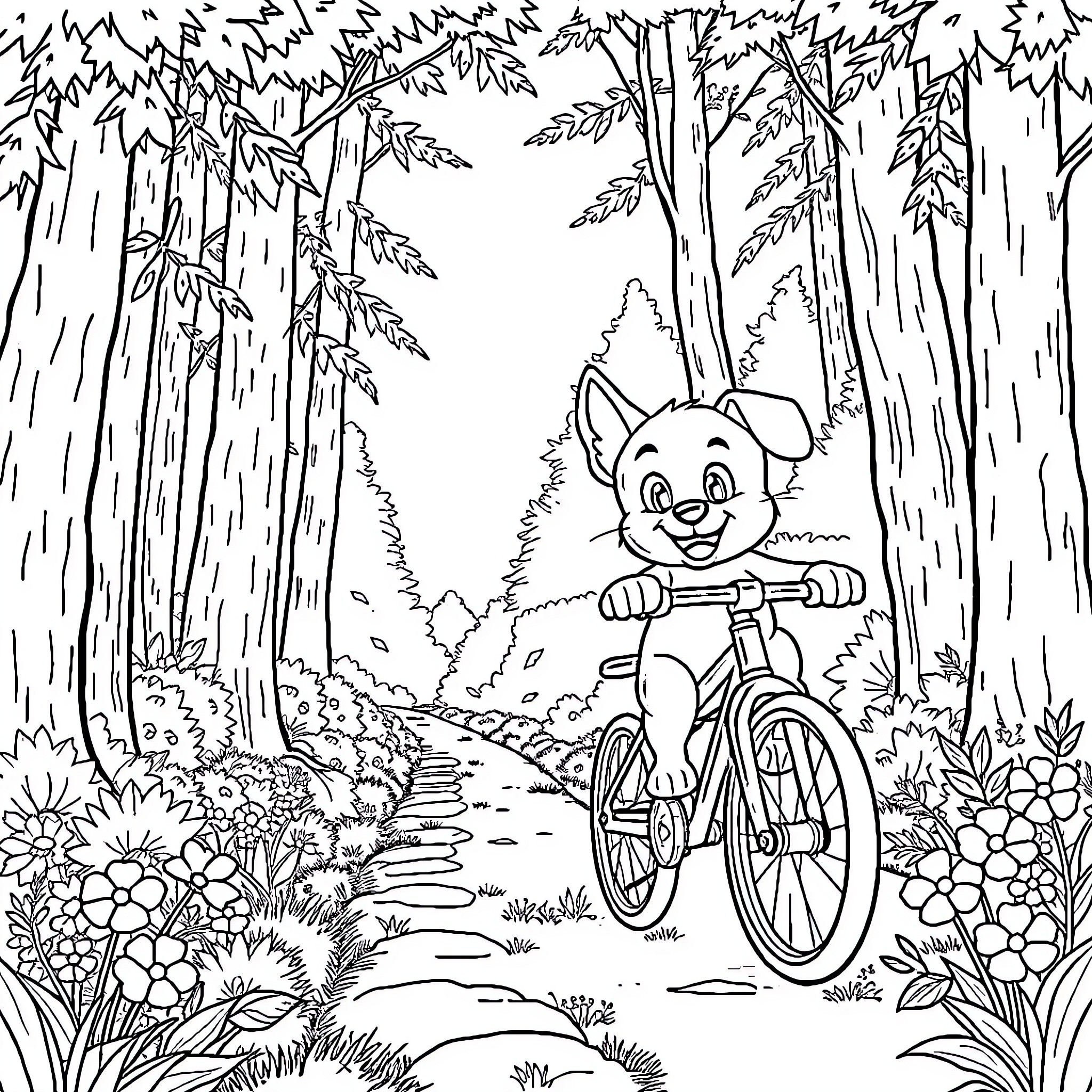 Bluey riding a bicycle through the forest Coloring Page (free black-and-white line drawing printable PDF for all, from beginners to advanced learners, including children, teens, adults, and seniors)